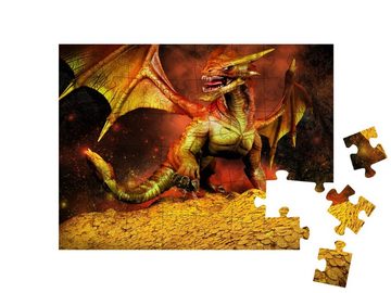 puzzleYOU Puzzle Roter Drache auf einem Haufen Gold, 48 Puzzleteile, puzzleYOU-Kollektionen Fantasy
