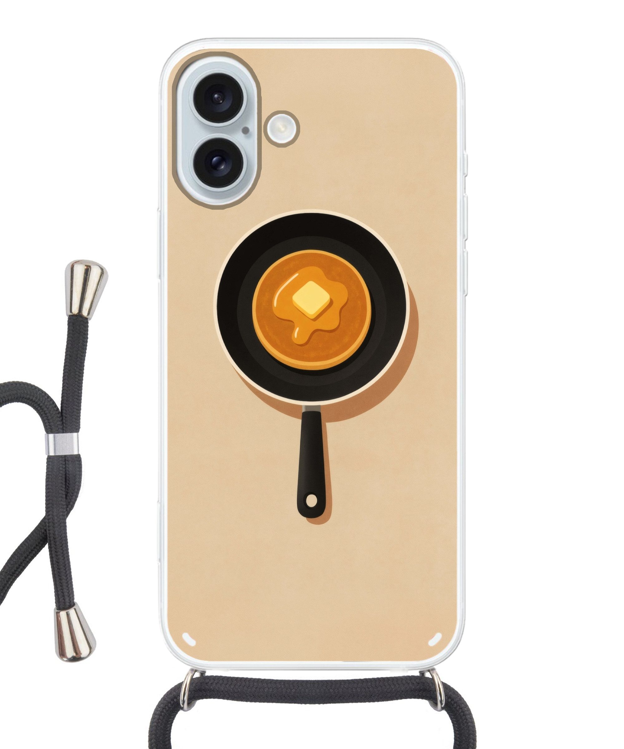 MuchoWow Handyhülle für Apple iPhone 16 Plus Pfannkuchen - Bratpfanne - Butter - Minimalis, Tragbare Handyhüllen mit Kette zum umhängen, Handykette Handyband