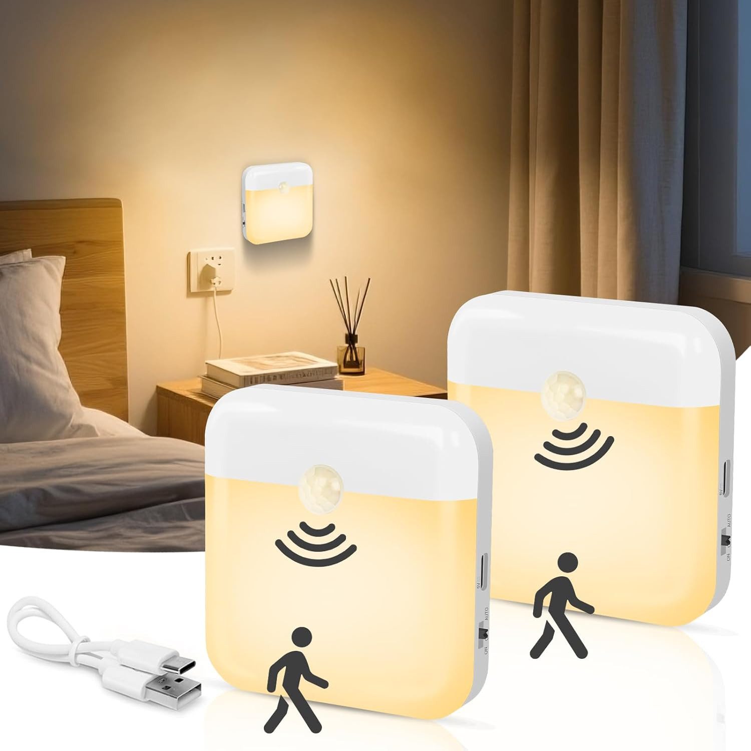 FELIXLEO LED Nachtlicht Nachtlicht mit Bewegungsmelder 2 Stueck Aufladbar Typ C LED