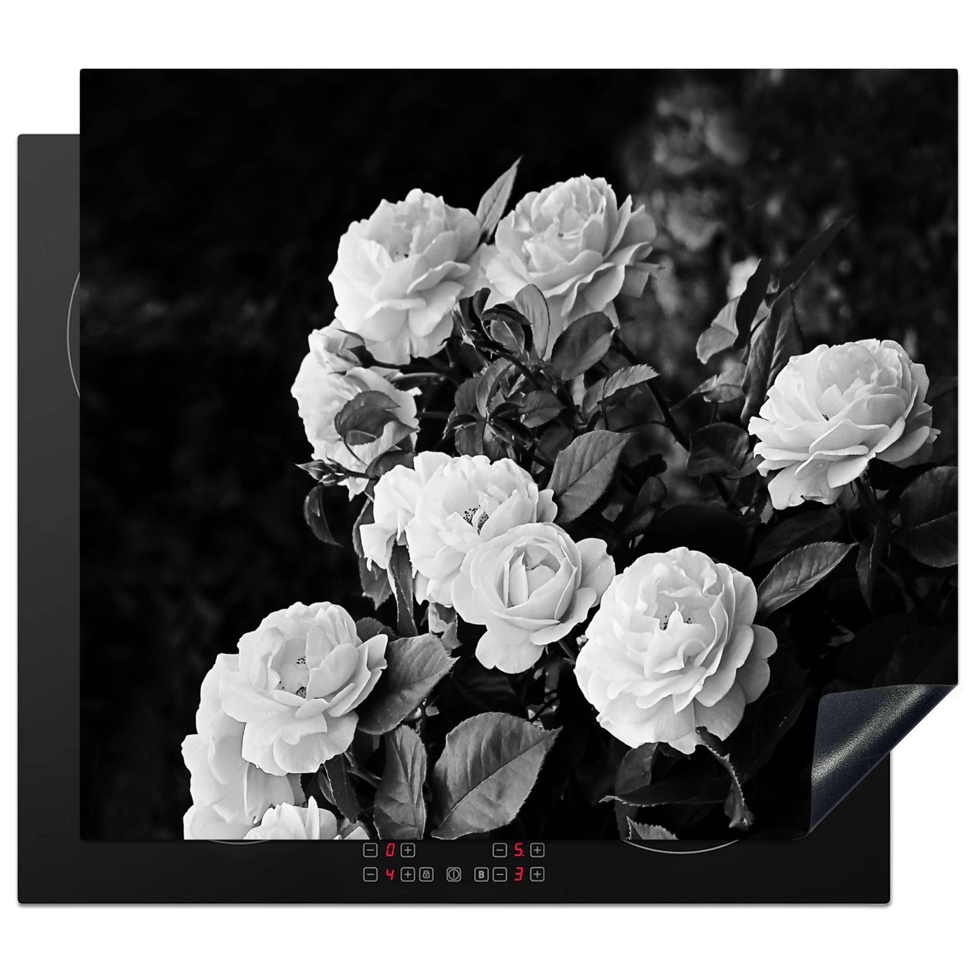 Vinyl, Herdblende-/Abdeckplatte und - 60x52 Mobile MuchoWow Schwarz nutzbar, Pflanzen - Blumen (1 Ceranfeldabdeckung - - Weiß Natur cm, Rosen, tlg), Arbeitsfläche