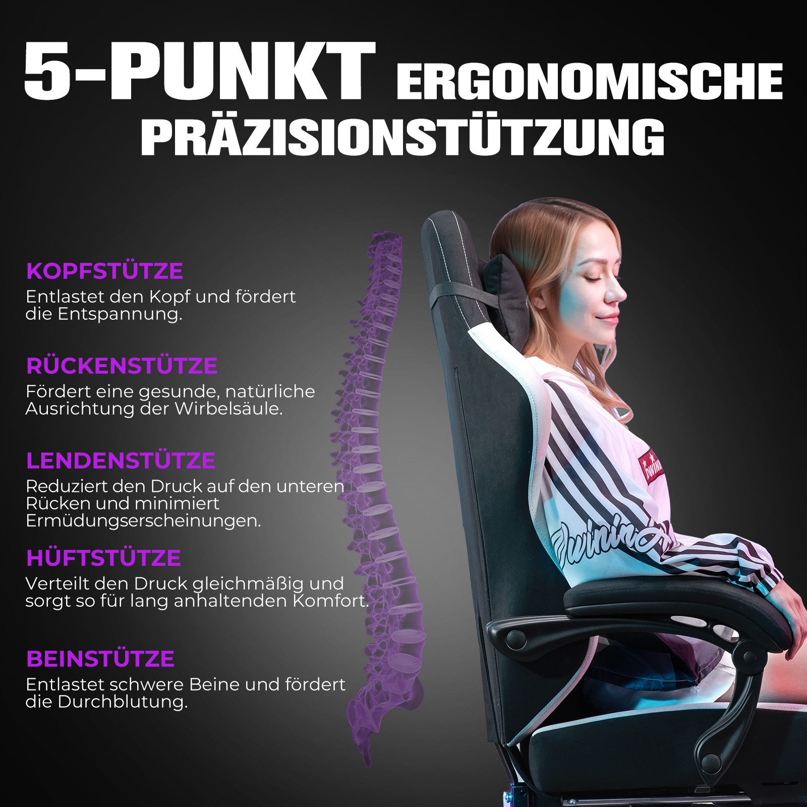 GTPLAYER Gaming-Stuhl Ergonomischer Gaming Sessel Schreibtischstuhl aus Stoff/Kunstleder (Packung), Federsitzkissen mit Fußstütze – Bild 5 von 5
