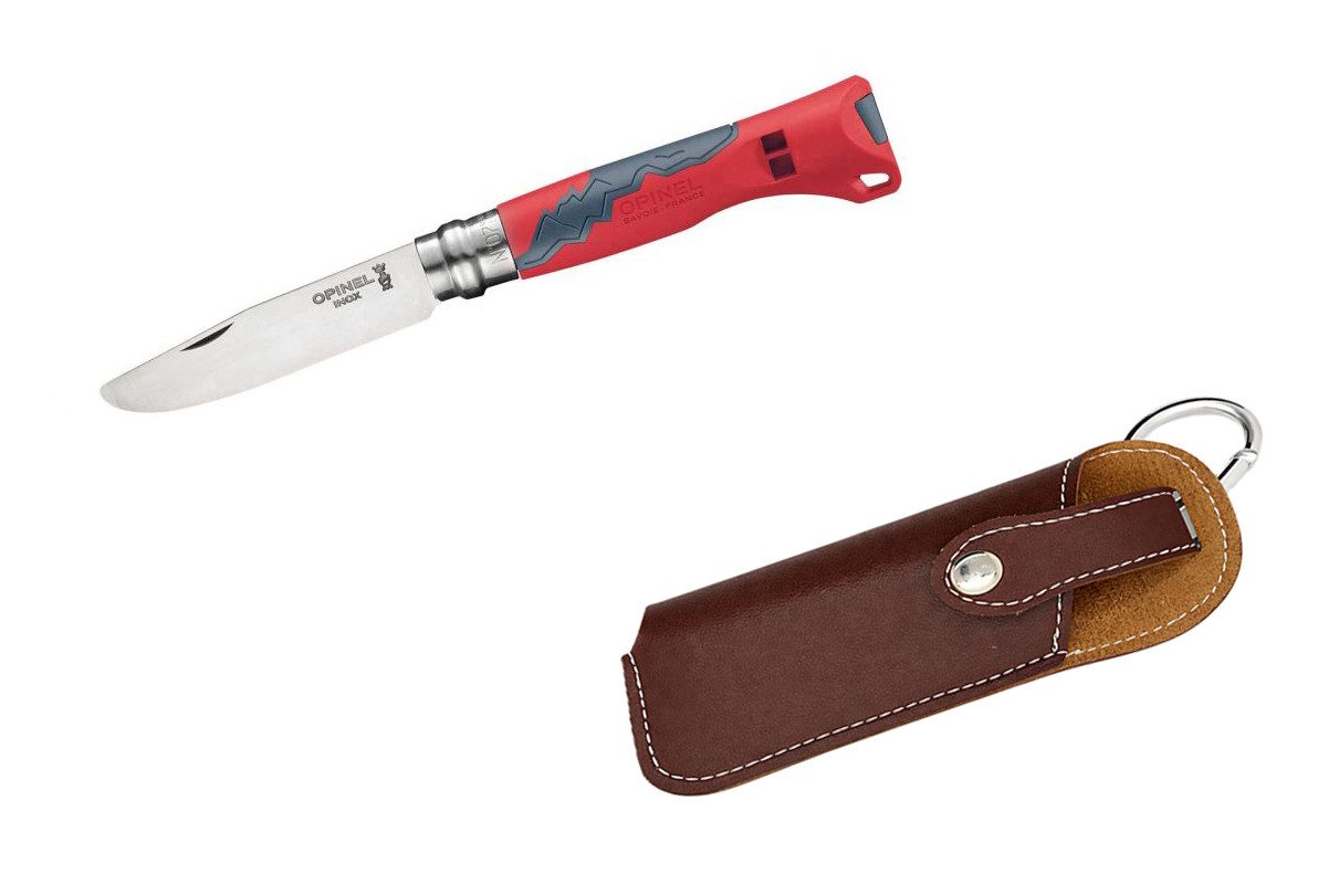 Opinel Taschenmesser Opinel No 07 OUTDOOR JUNIOR rot inkl. Messer-Etui, (mit passendem Messer-Etui, „Mein erstes Schnitzmesser von Opinel), Kinder-Schnitzmesser mit abgerundeter Klingenspitze