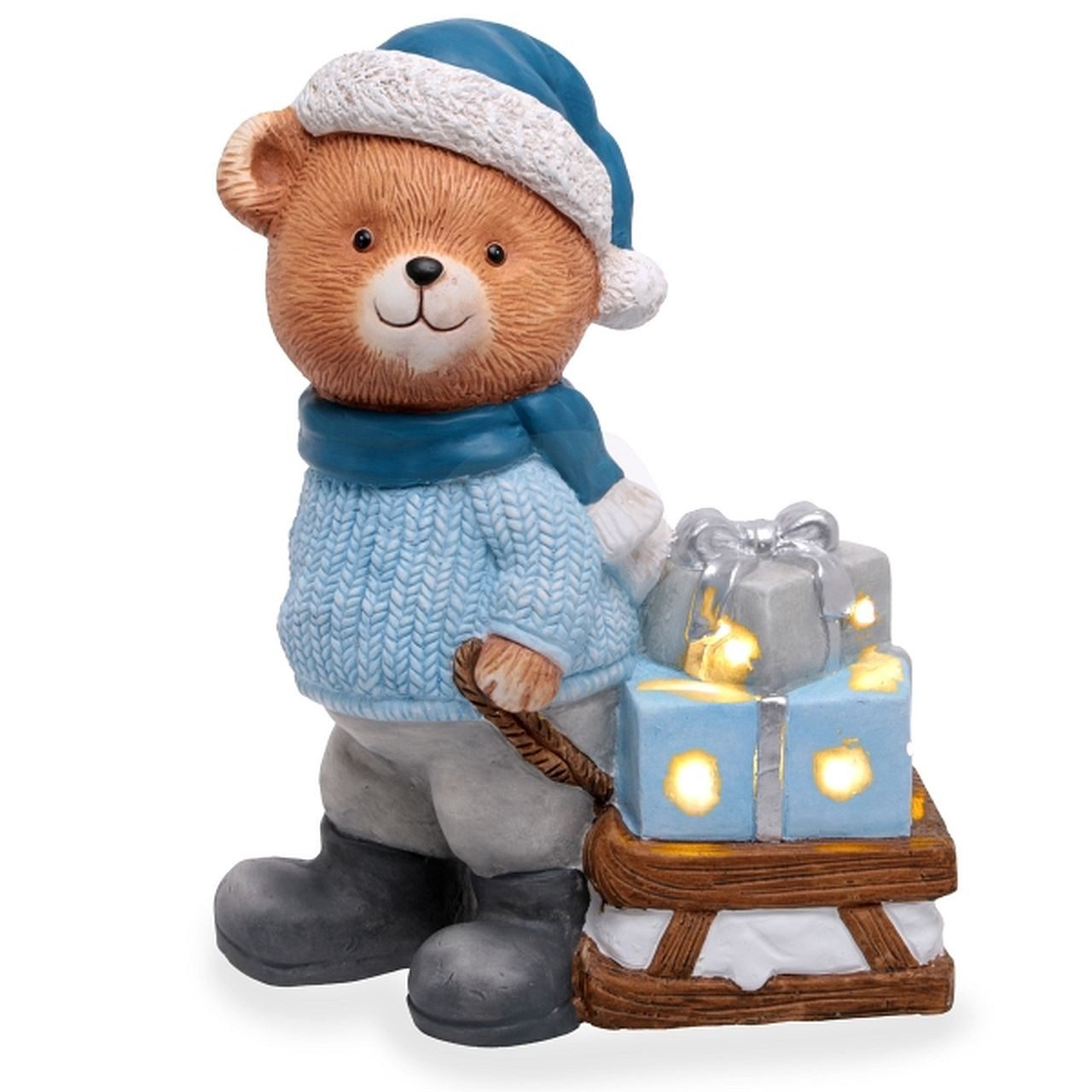 Dragimex Gartenfigur LED-Bär Schlitten Braun Blau Magnesia 30 x 16 x 38,5 cm wetterfest