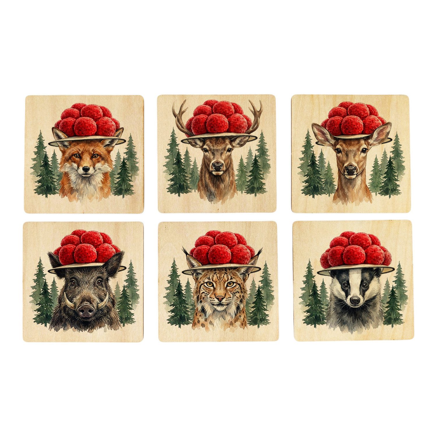 speecheese Glasuntersetzer Schwarzwald Bollenhut Tiere aus Wald und Wiese 6er Set Untersetzer