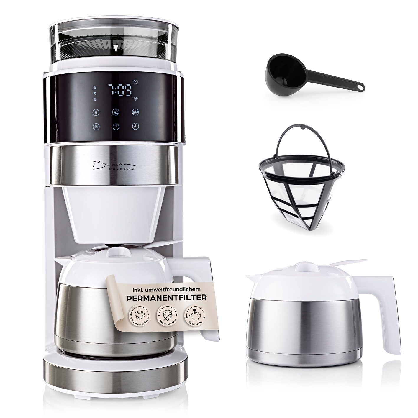 Barista Filterkaffeemaschine mit digitalem Touch-Display mit Mahlwerk + Kanne, mit verstellbarem Mahlwerk, 24h Timer & Permanentfilter