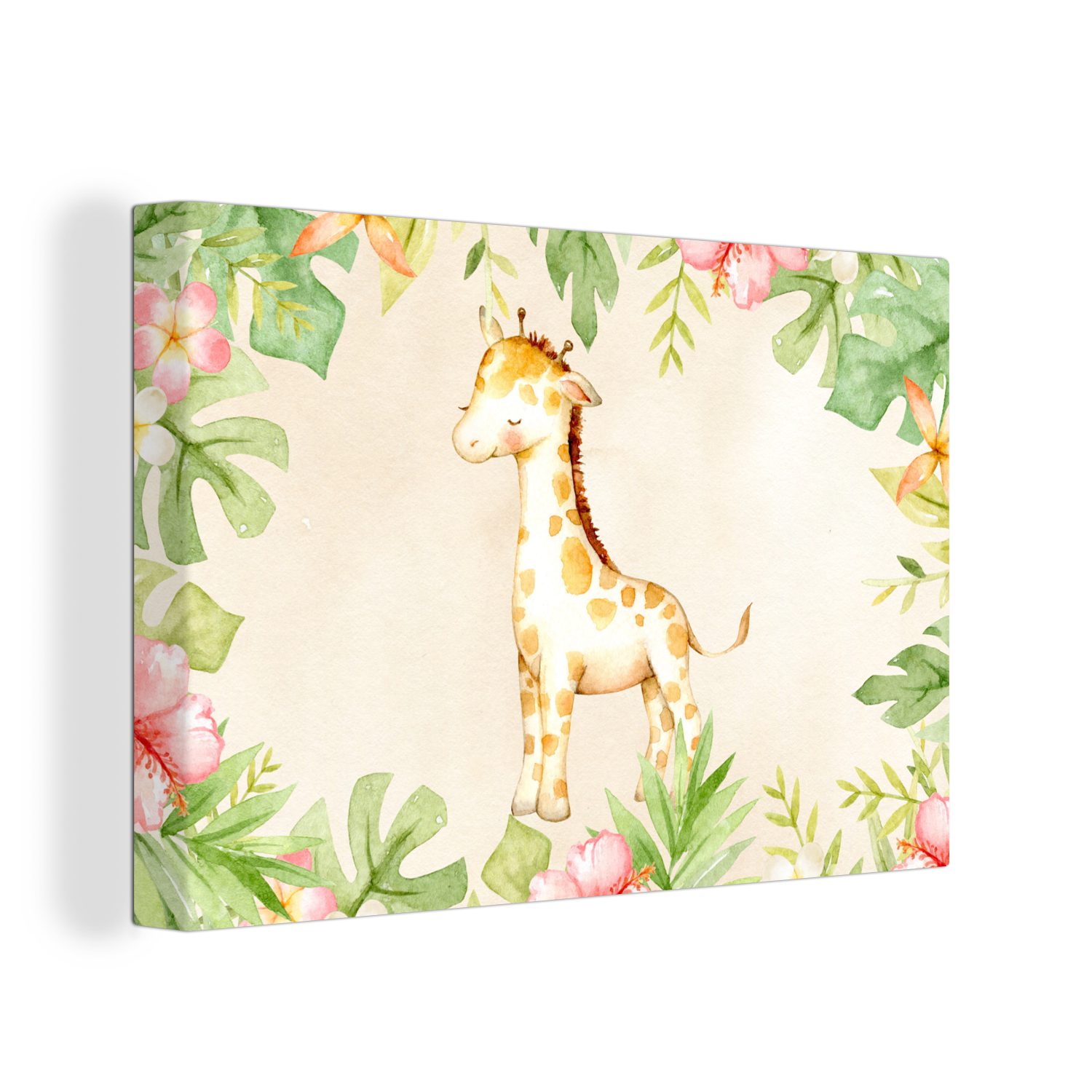 OneMillionCanvasses® Leinwandbild Giraffe - Aquarellfarbe - Blumen - Dschungel, (1 St), Wandbild Leinwandbilder, Aufhängefertig, Wanddeko, 30x20 cm