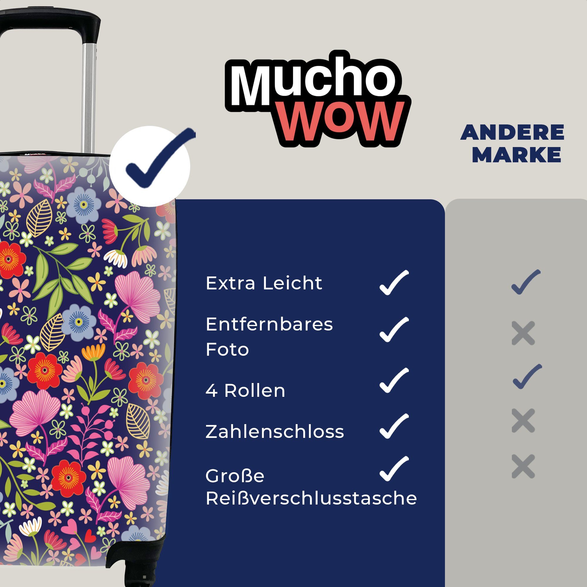 rollen, Ferien, mit Blumen MuchoWow - Reisekoffer Handgepäck für Muster, Trolley, Reisetasche 4 - Rollen, Farben Handgepäckkoffer