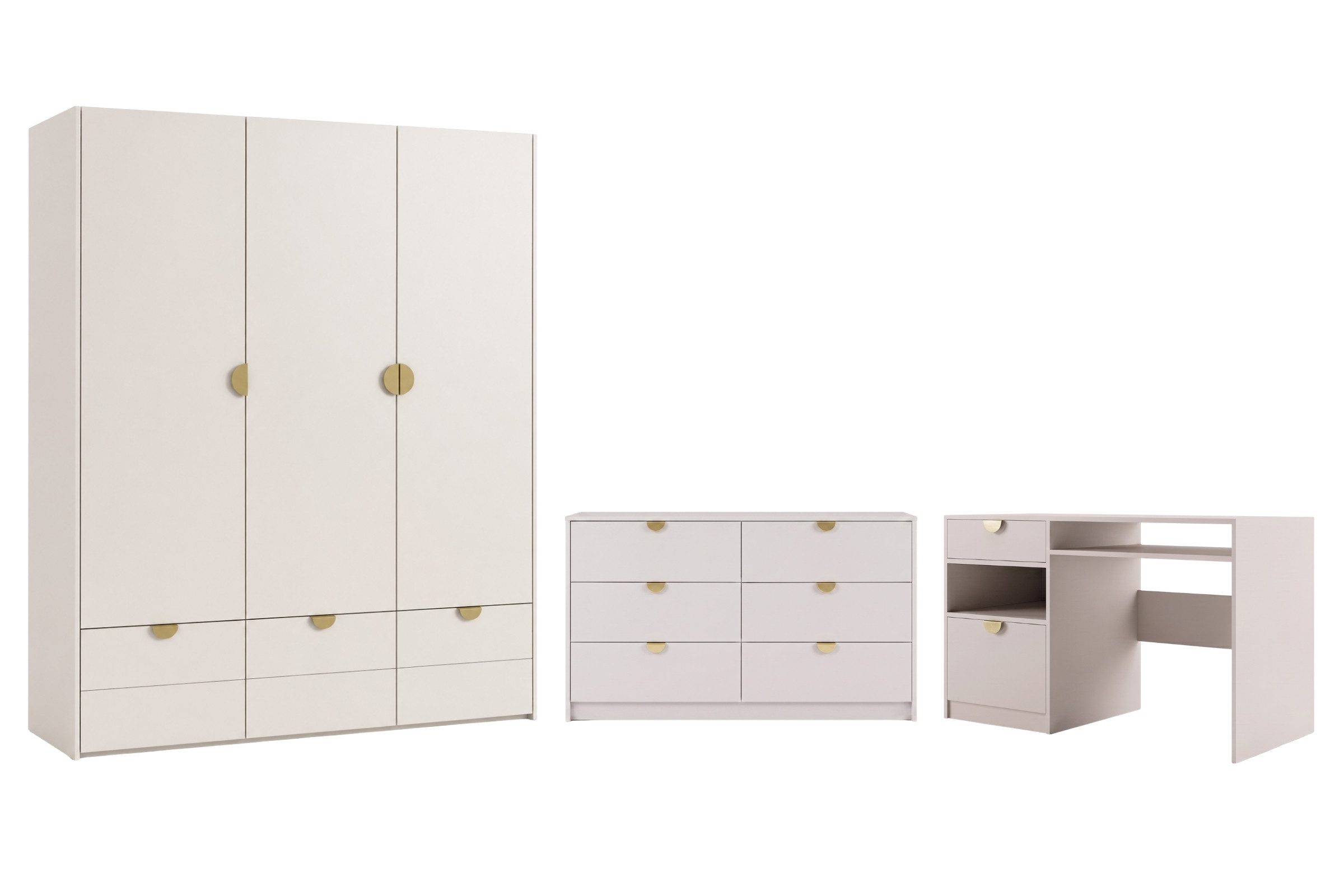 Deine Möbel 24 Jugendzimmer-Set MORTY A Kleiderschrank 180 cm Kommode mit 6 Schubladen & Schreibtisch, (Set, 3-tlg., glatte Fronten, elegante goldfarbene Griffe), Modernes Möbel-Set in Kaschmir oder Pflaume