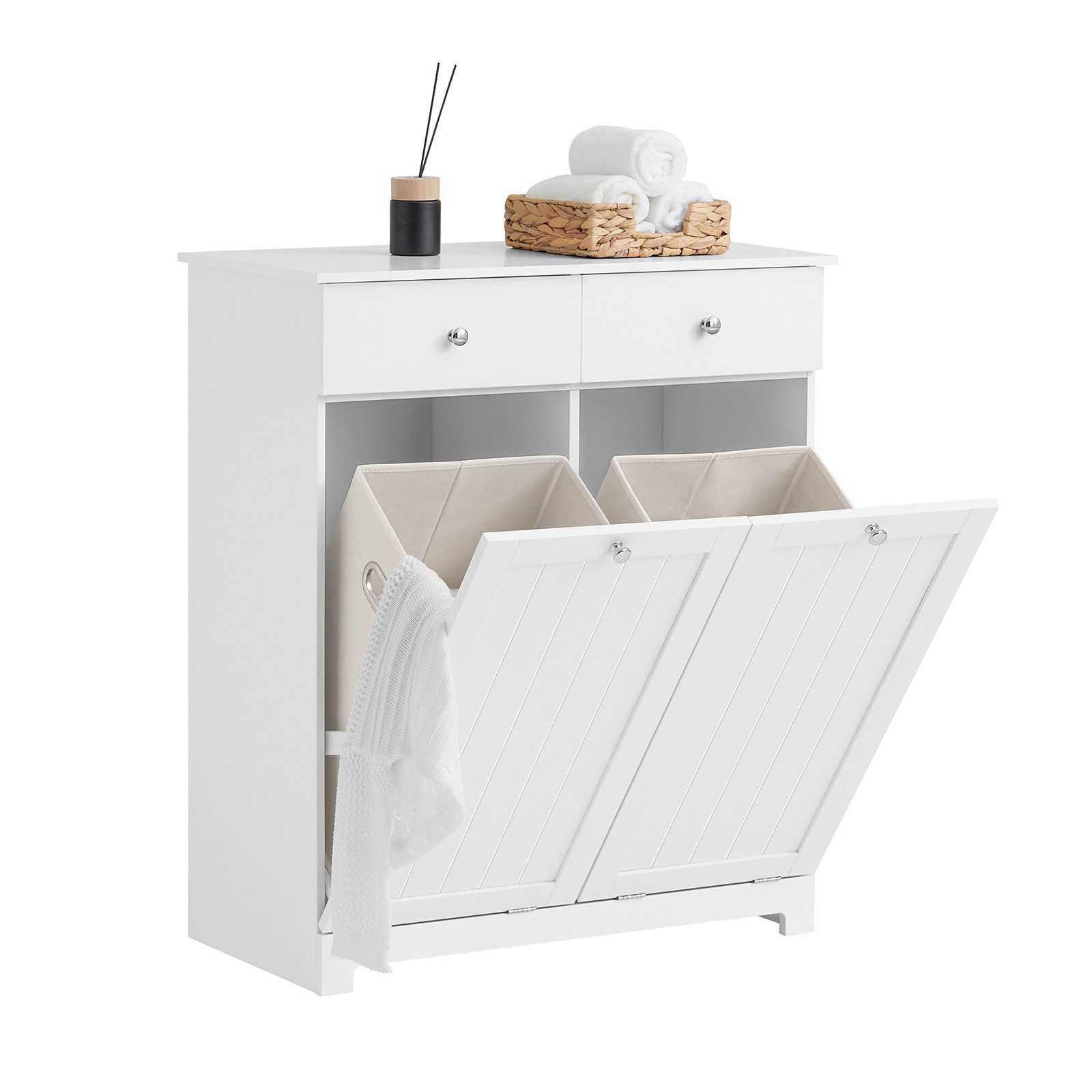 SoBuy Wäscheschrank BZR33, Badezimmerschrank mit Wäschekorb, Wäschesammler, Wäscheschrank mit 2 Schubladen & 2 Wäschekippern, 90L großer Kapazität, Badezimmer
