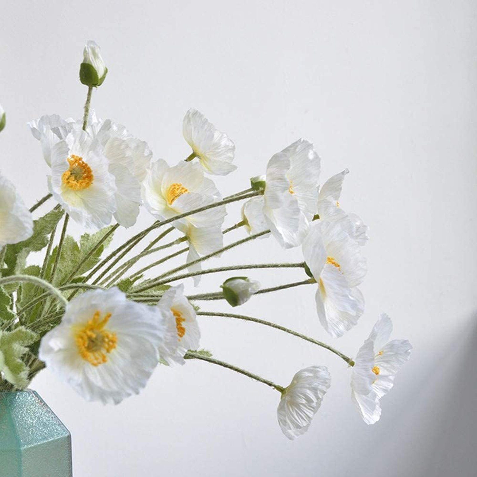 Kunstzweig Künstlicher Mohnblumen-Zweigmit Haus SEEZSSA, 4 MohnSeidenblumen Kunststoff, Beflockung Blütenköpfen Für Pflanzen künstliche Blumenschmuck,60cm Weiß lang