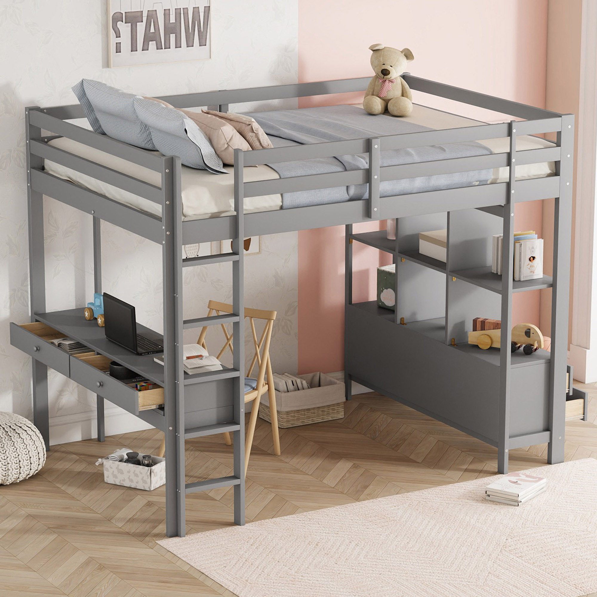 SOFTWEARY Hochbett (Doppelbett mit Lattenrost, Schreibtisch günstig online kaufen