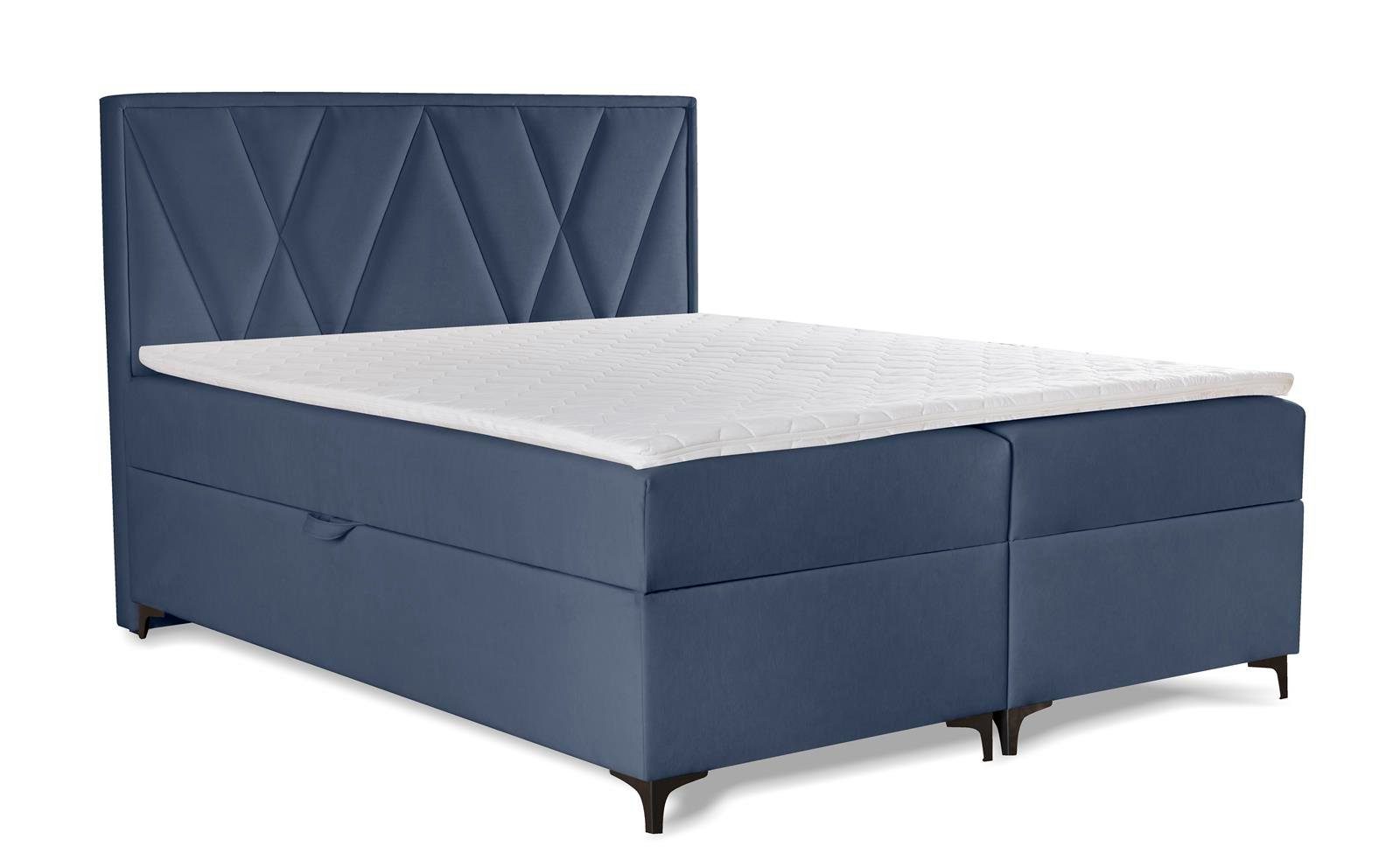 141/161/181 Beautysofa Bettkasten aus Blau Boxspringbett 242) Polsterbett modernes Veloursstoff Stil, Magic mit Metallbeine cm), (im mit (mono