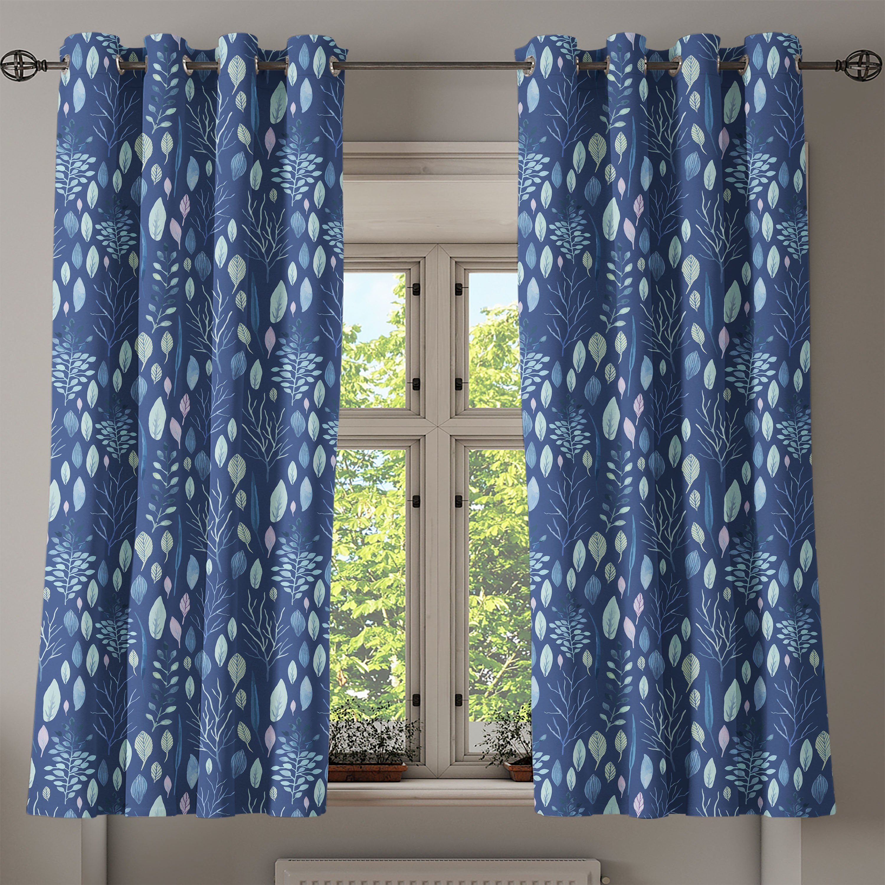 Gardine Dekorative Abakuhaus, Kunst Wohnzimmer, Schlafzimmer Blau für 2-Panel-Fenstervorhänge Blätter Aquarell