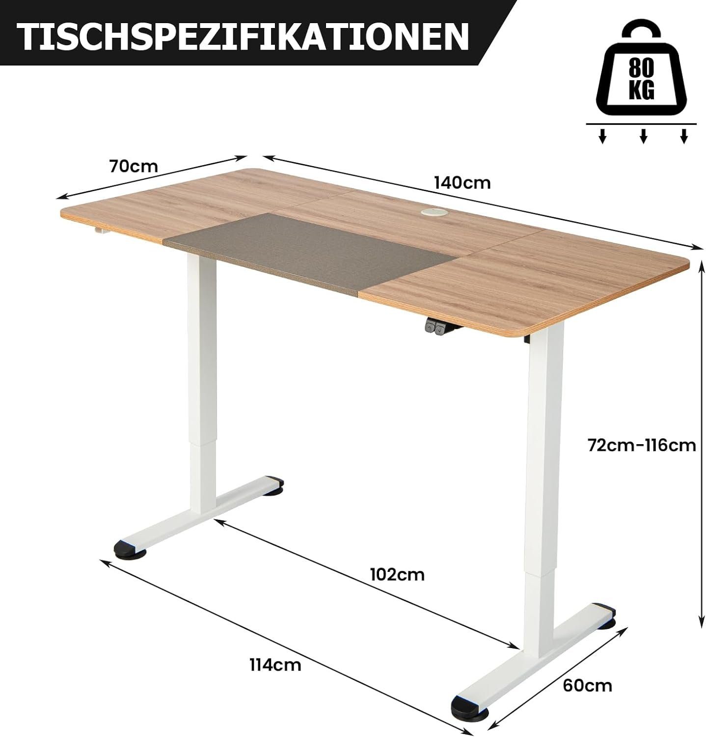 Stehpult, 70 KOMFOTTEU 80kg Schreibtisch, Natürlich zu 140 belastbar, bis x dunkel cm elektrisches