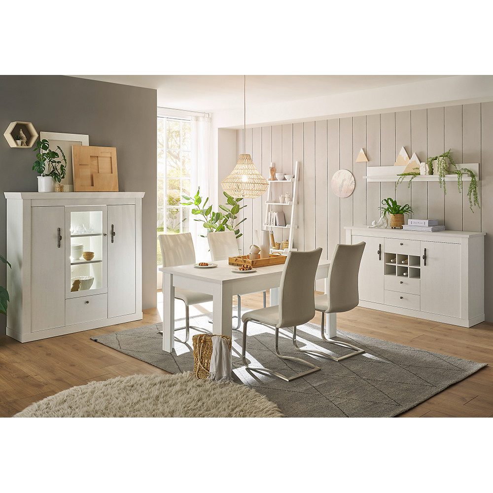 Lomadox Esszimmer-Set RAPLA-61, (Spar-Set, 4-St., Highboard Wandboard Sideboard Esstisch), mit LED-Beleuchtung, Pinie weiß, Landhaus-Stil