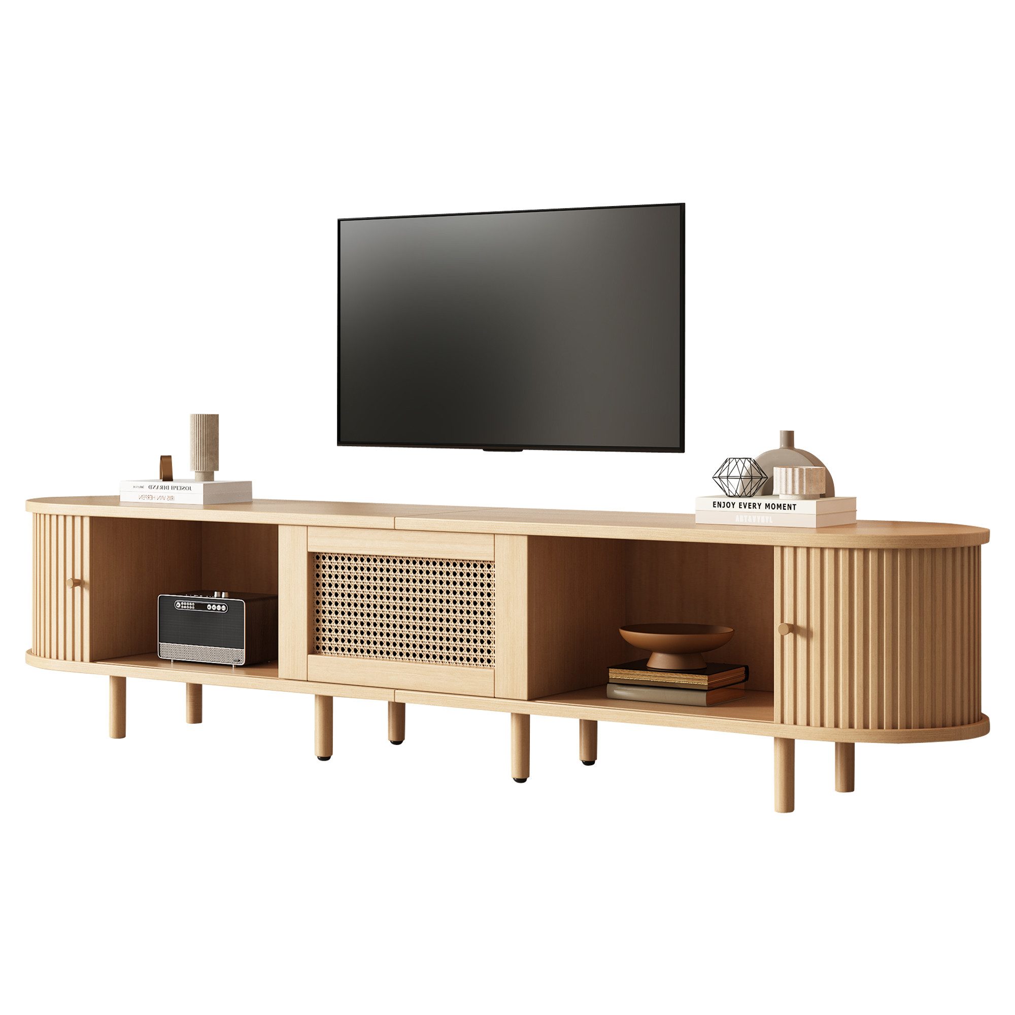 Merax Lowboard Ovaler TV-Schrank mit goldenen Griffen & Rattan-Design in Walnuss (1 St., 180x40x40 cm), TV-Lowboard mit Schublade Schiebetüren & verstellbaren Massivholzfüßen