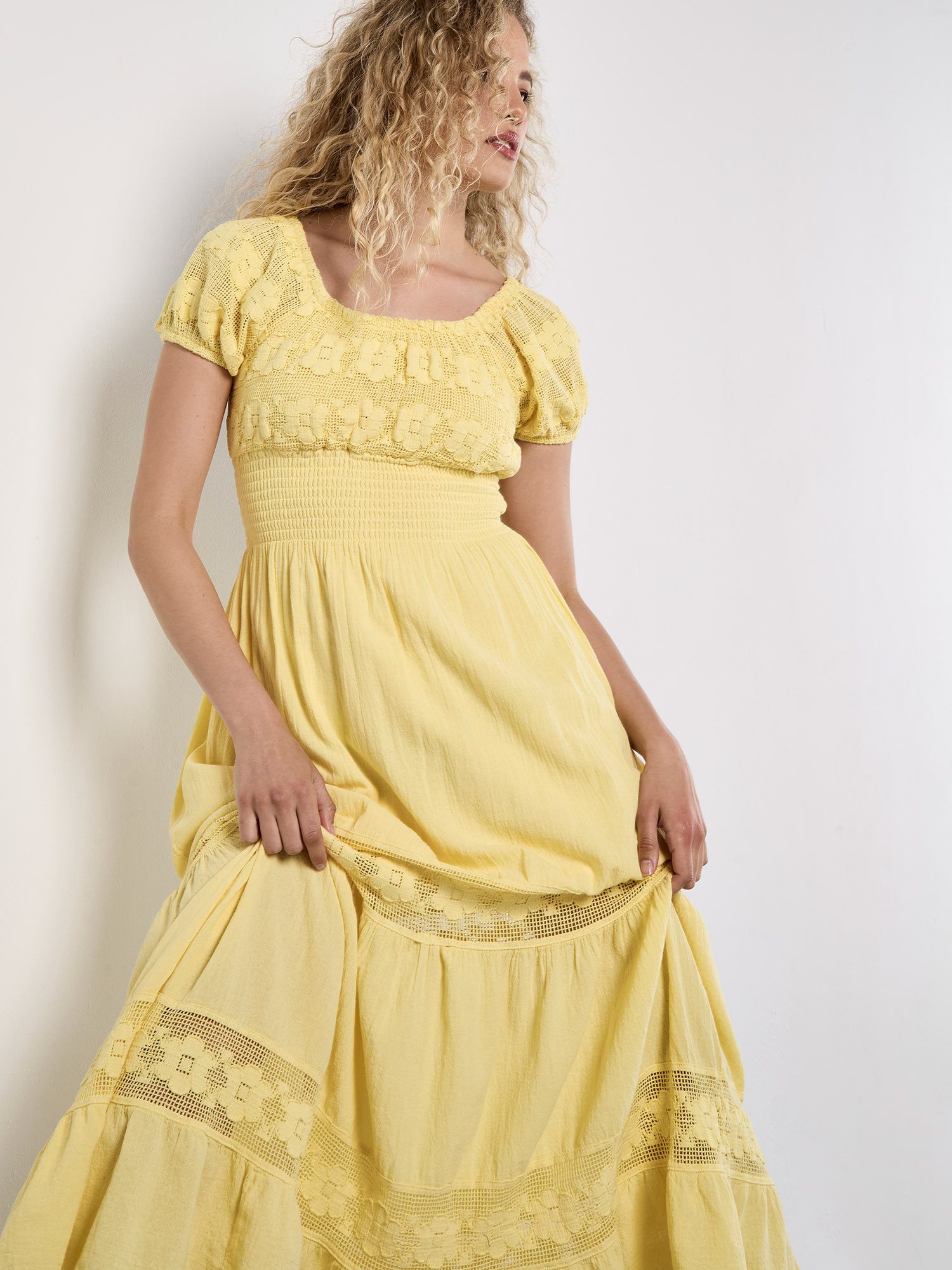 Apricot Maxikleid Maxikleid im Milchmädchen-Stil mit Blumen-Spitze