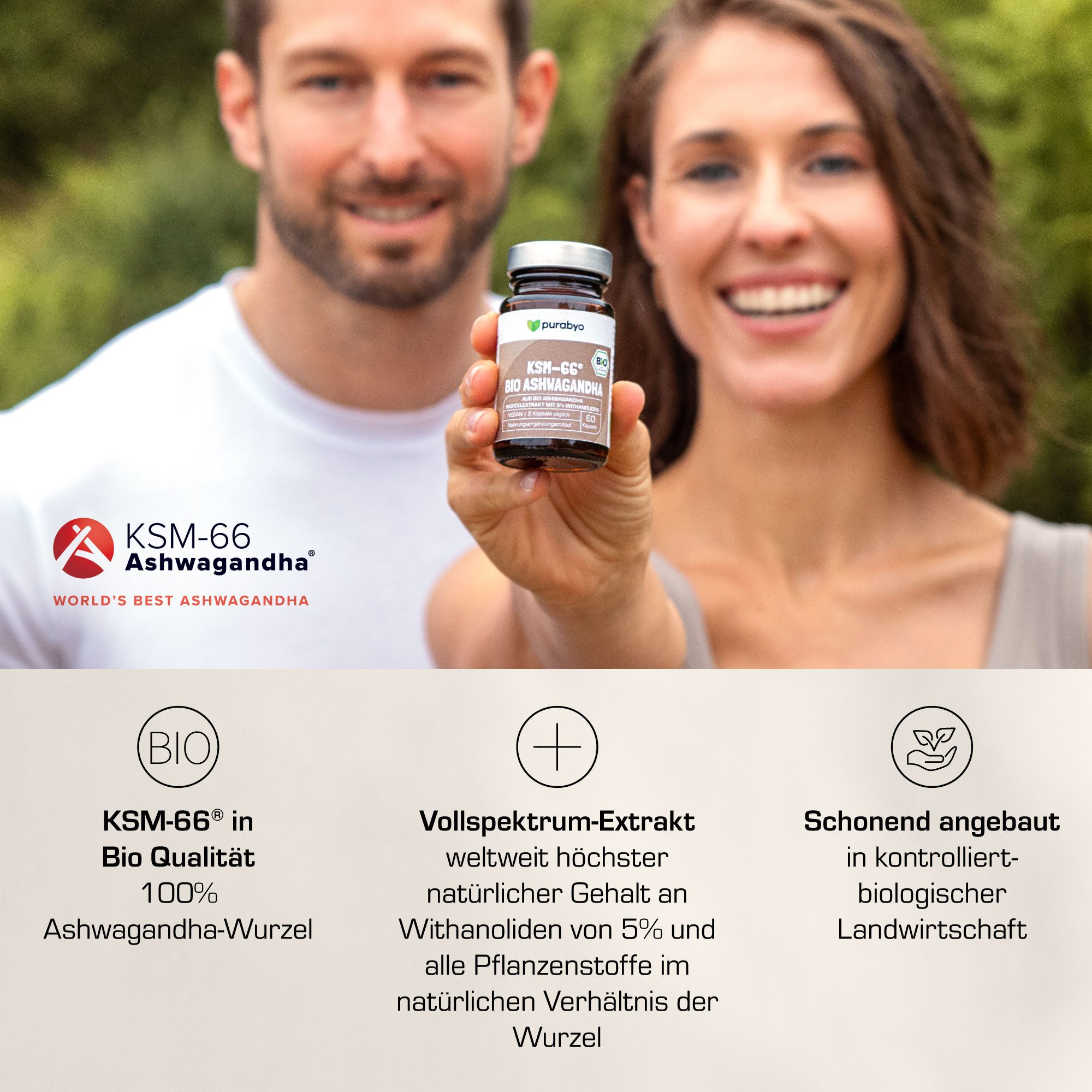 Purabyo BIO Ashwagandha KSM-66, 300 mg Extrakt pro Kapsel, im Glas Kapseln, 60 St., 22.5 g