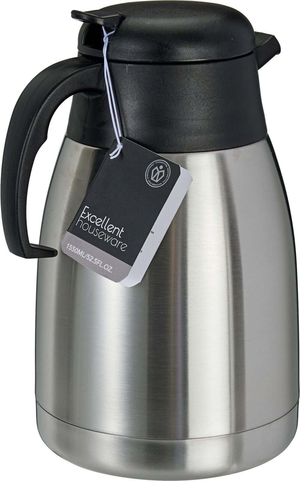 Koopman Isolierkanne Thermoskanne Kaffeekanne Teekanne 1,5L Edelstahl, (1-St), Auslaufsicher, Pflegeleicht, Druckverschluss, bis 6h warm / kalt