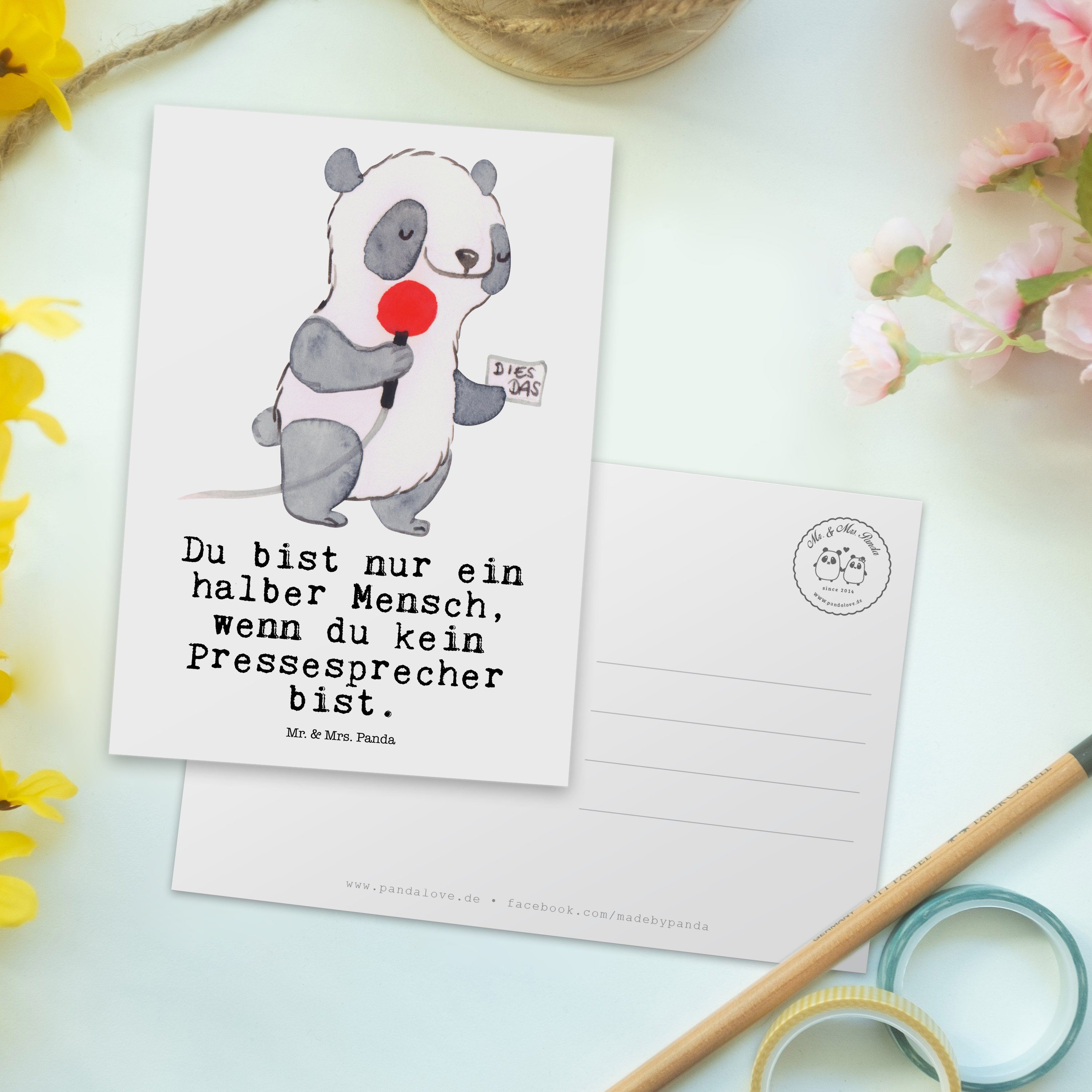 Abschied & Mr. mit - Postkarte Pressesprecher - Panda Weiß Grußkarte, Geschenk, Herz Karte, Mrs.