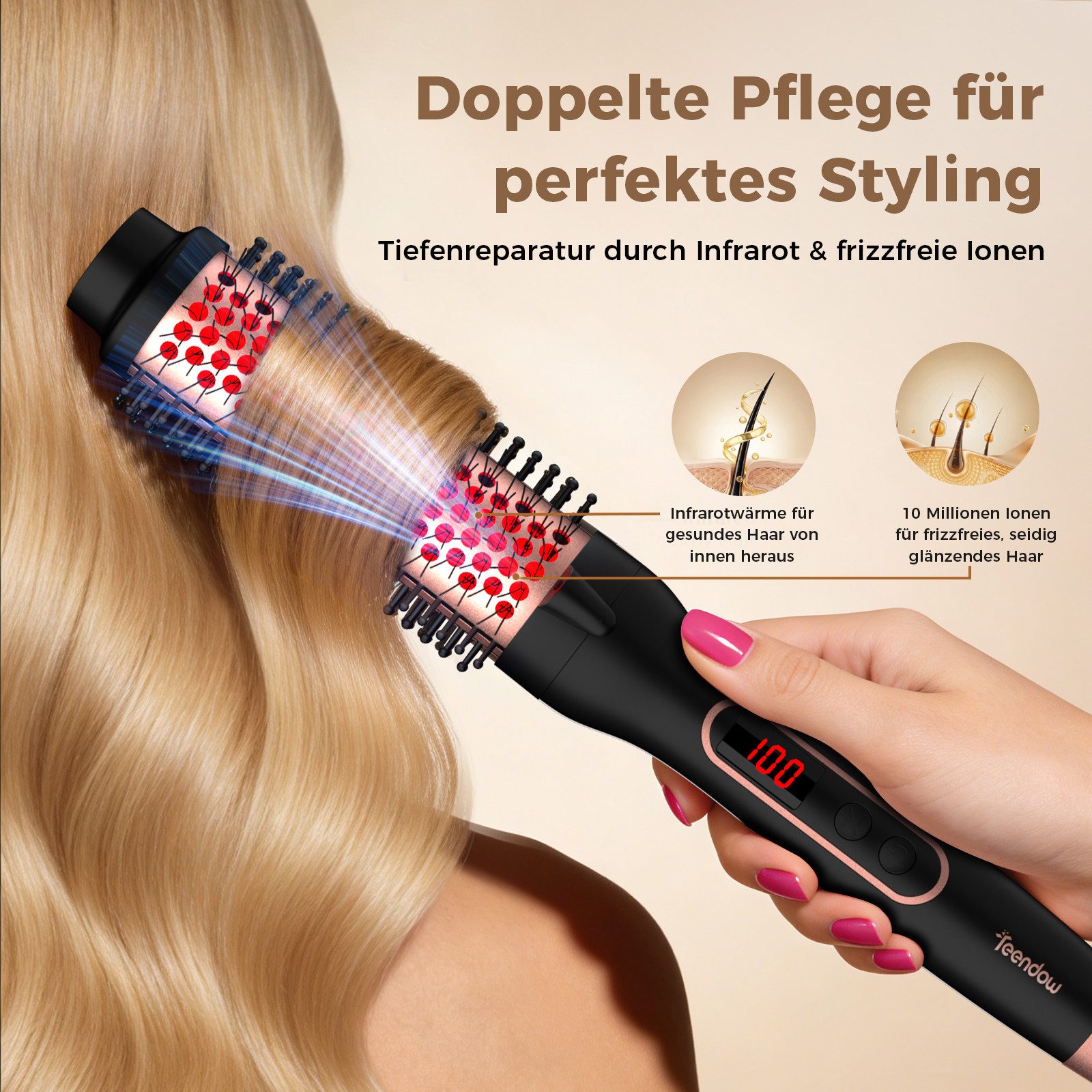 Teendow Warmluftbürste Warmluftbürste C9310-38 3-in-1 Airstyler mit Ionen Infrarot