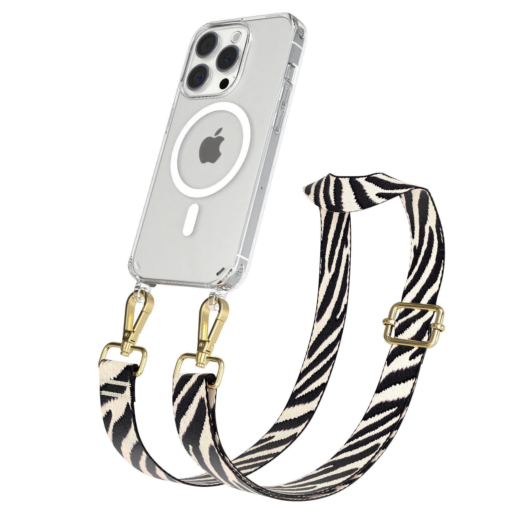 EAZY CASE Handykette Umhängeband MagSafe Hülle für Apple iPhone 15 Pro 6,1 Zoll, MagSafe Hülle mit Band Zebra Style Etui verstellbar Schwarz Beige