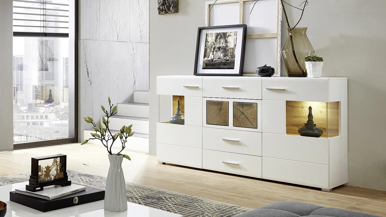 Innostyle Sideboard Sideboard Fun Plus Kommode weiß matt Eiche Altholz Hirnholz 170 cm