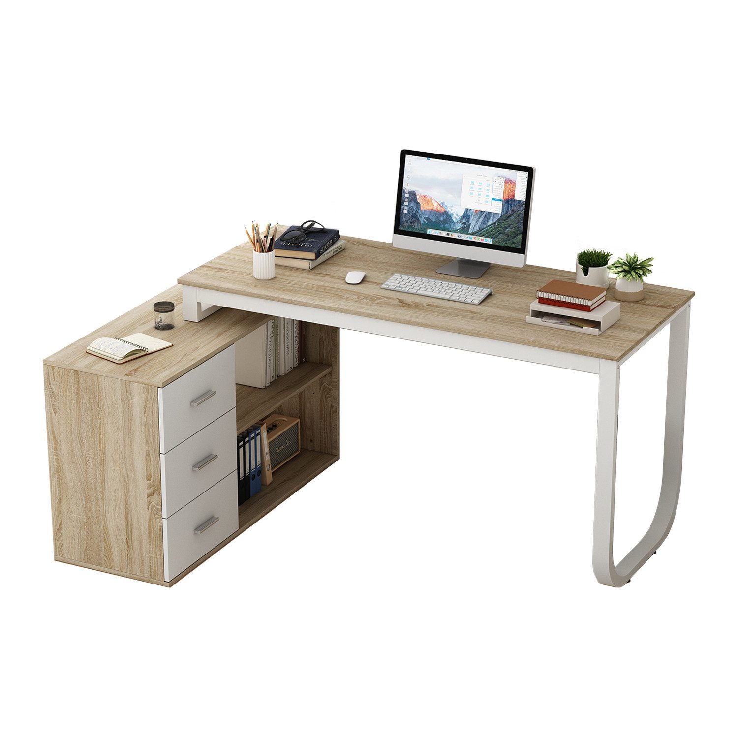 FUFU&GAGA Eckschreibtisch 130 cm L Förm Computertisch mit 3 Schubladen & 2 Regalen