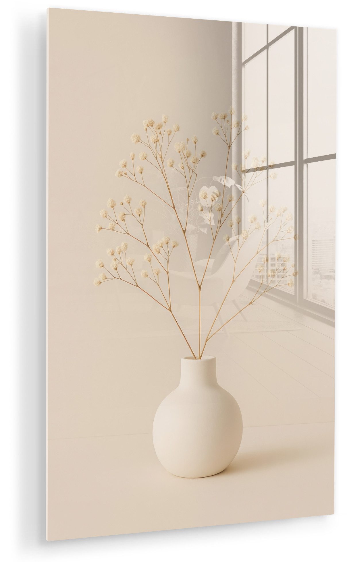 MuchoWow Acrylglasbild Vase - Zweige - Blumen - Weiß, Inkl. Aufhängung, Dekorative Bild für Küche & Wohnzimmer auf Glas, 20x30 cm