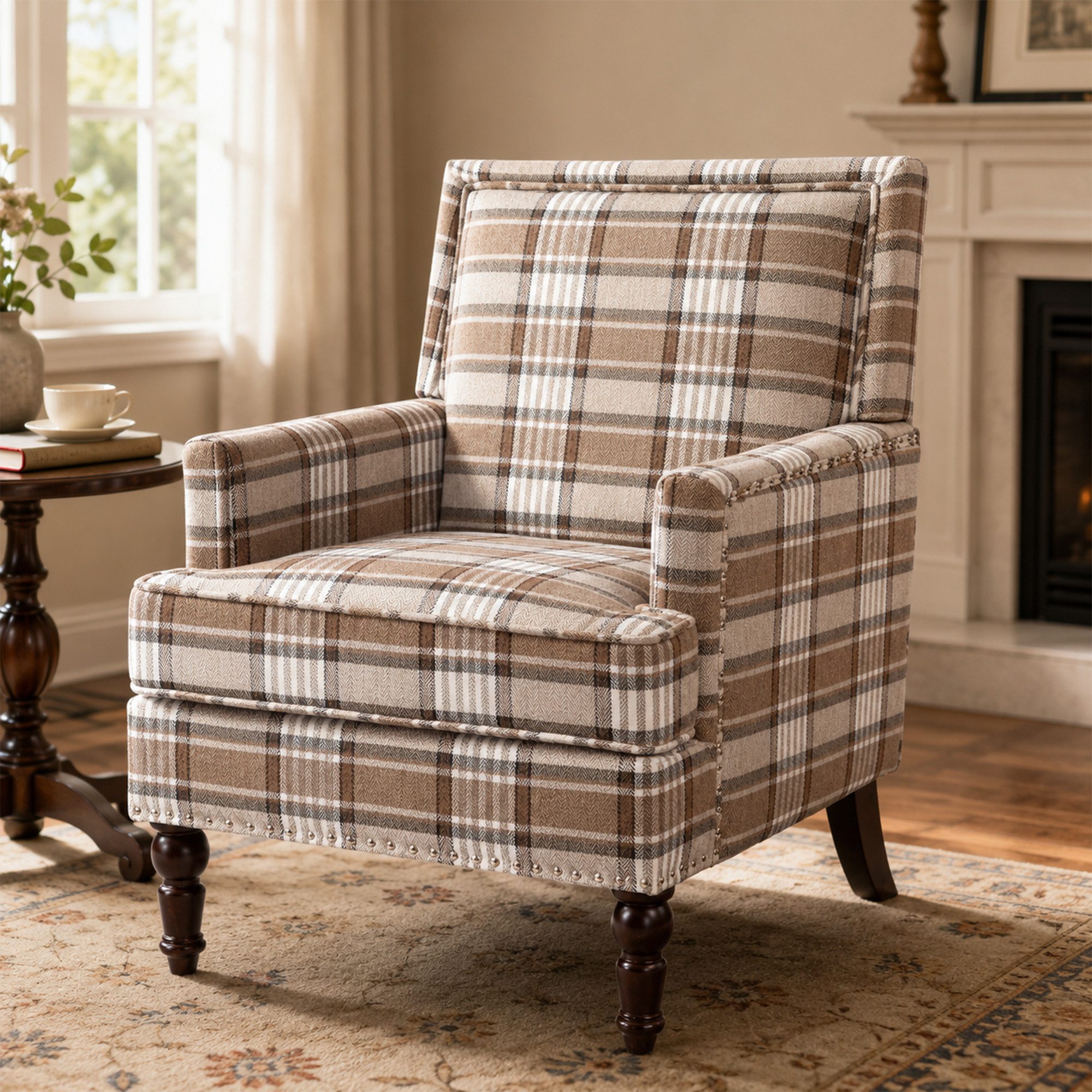 KLAM HOME Loungesessel Retro-Sessel aus blau-weiß gestreiftem Baumwoll-Leinenstoff (Wohnzimmer Sessel mit edler Nagelkopfeinfassung & Massivholzrahmen), Bequemer Polster-Sessel mit Hochdicht-Schaum für stilvolle Innenräume