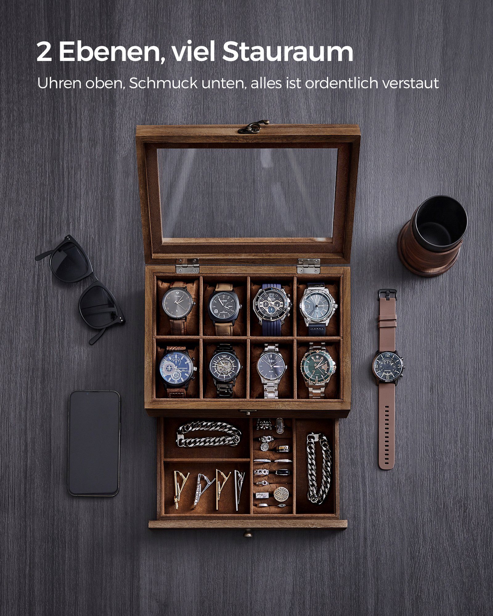 SONGMICS Uhrenbox Uhrenkasten, Schmuckaufbewahrung, mit 8 Fächern, Glasdeckel, Uhrenkissen, 27 x 20 x 13 cm (L x B x H)