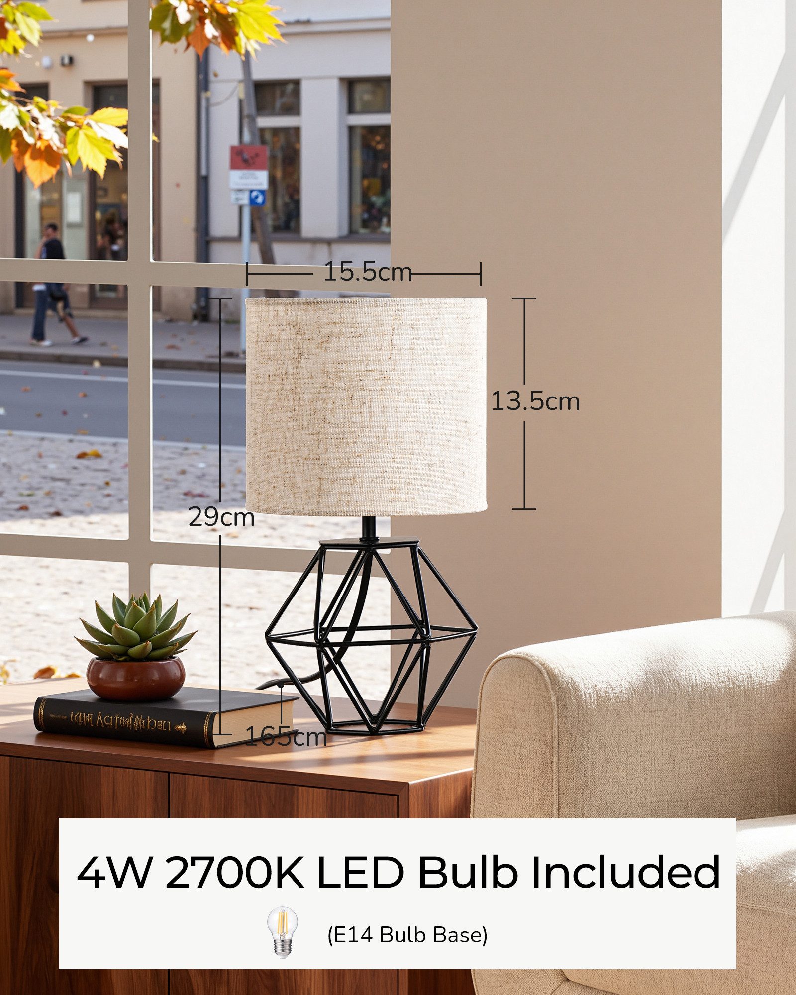 EDISHINE Nachttischlampe Moderne Tischlampe Industrial, LED wechselbar, 2700 K Warmweiß, Vintage Tischleuchte mit schwarzem Fuß und E14 Leuchtmittel – Bild 4 von 5