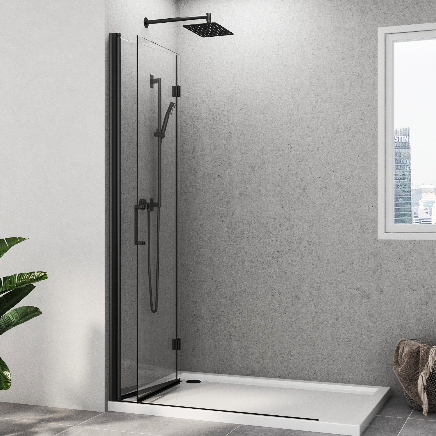Thumbnail - Hopibath Walk-in-Dusche (95,7-96,7) x 195cm Duschwand Schwarz Duschabtrennung Glas, 5mm NANO Glas, (Falttür Scharniertür...