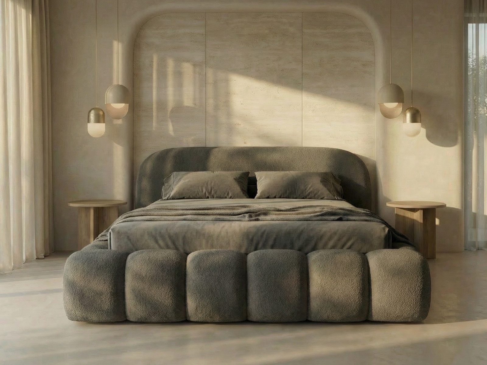 yourhouse24 Polsterbett Orlando Slim Bouclé kompaktes Wolkenbett mit Bettkasten, Bubble-Optik & Japandi