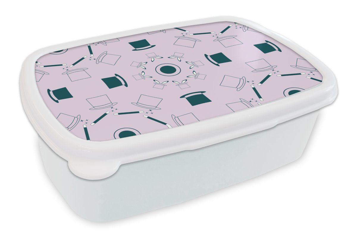 MuchoWow Lunchbox Zauberer - Muster - Kaninchen, Kunststoff, (2-tlg), Brotbox für Kinder und Erwachsene, Brotdose, für Jungs und Mädchen weiß