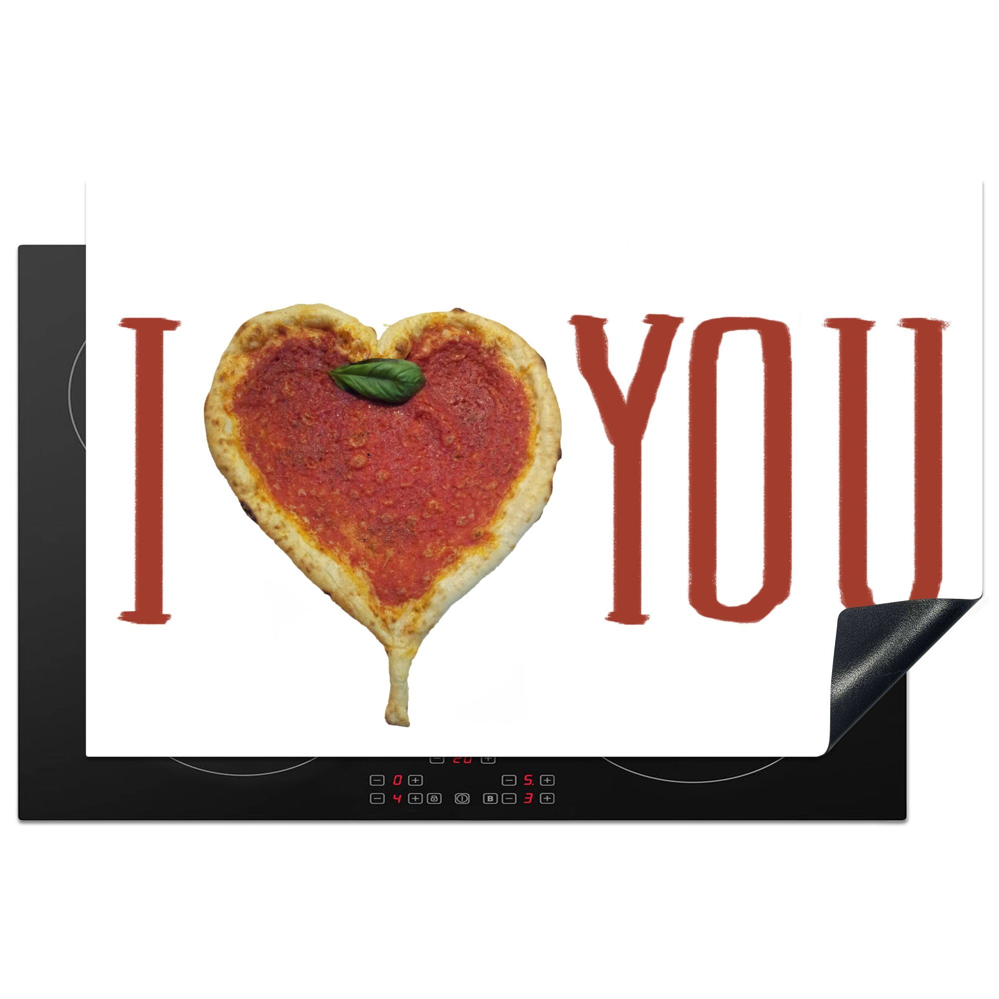MuchoWow Herdblende-/Abdeckplatte Ich liebe dich in roten Buchstaben und eine Pizza in Herzform, Vinyl, (1 tlg), 81x52 cm, Induktionskochfeld Schutz für die küche, Ceranfeldabdeckung
