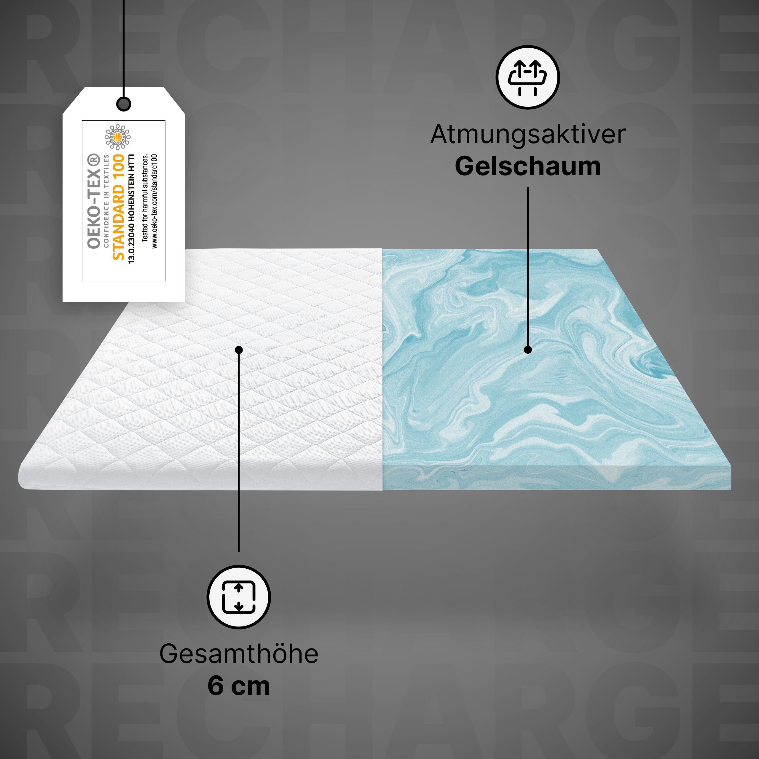 wonello, Topper RECHARGE, 6 cm hoch, Gelschaum, (Made in Germany, GEL), druckentlastender Matratzentopper 180x220cm, waschbar bei 60°C