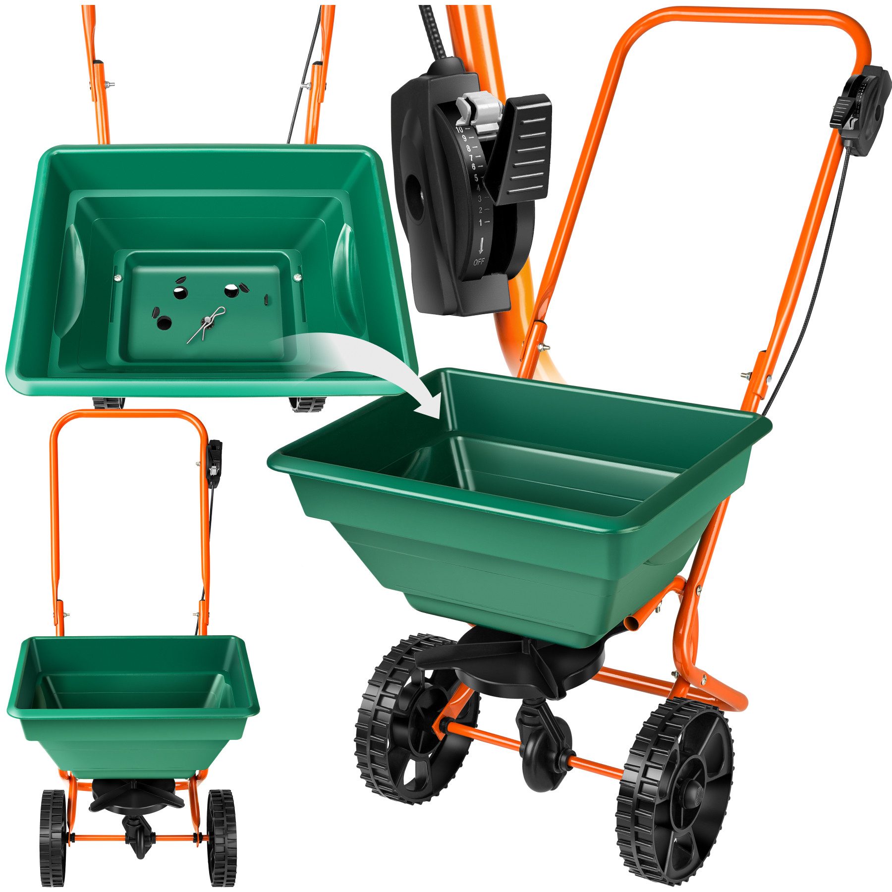 tectake Streuwagen Düngerstreuer für Salz, Split, Dünger und Saatgut, 75 x 46 x 105 cm, 25 l Füllmenge, (Salzstreuer, in grün), 25 l, einstellbare Streumenge, große Räder