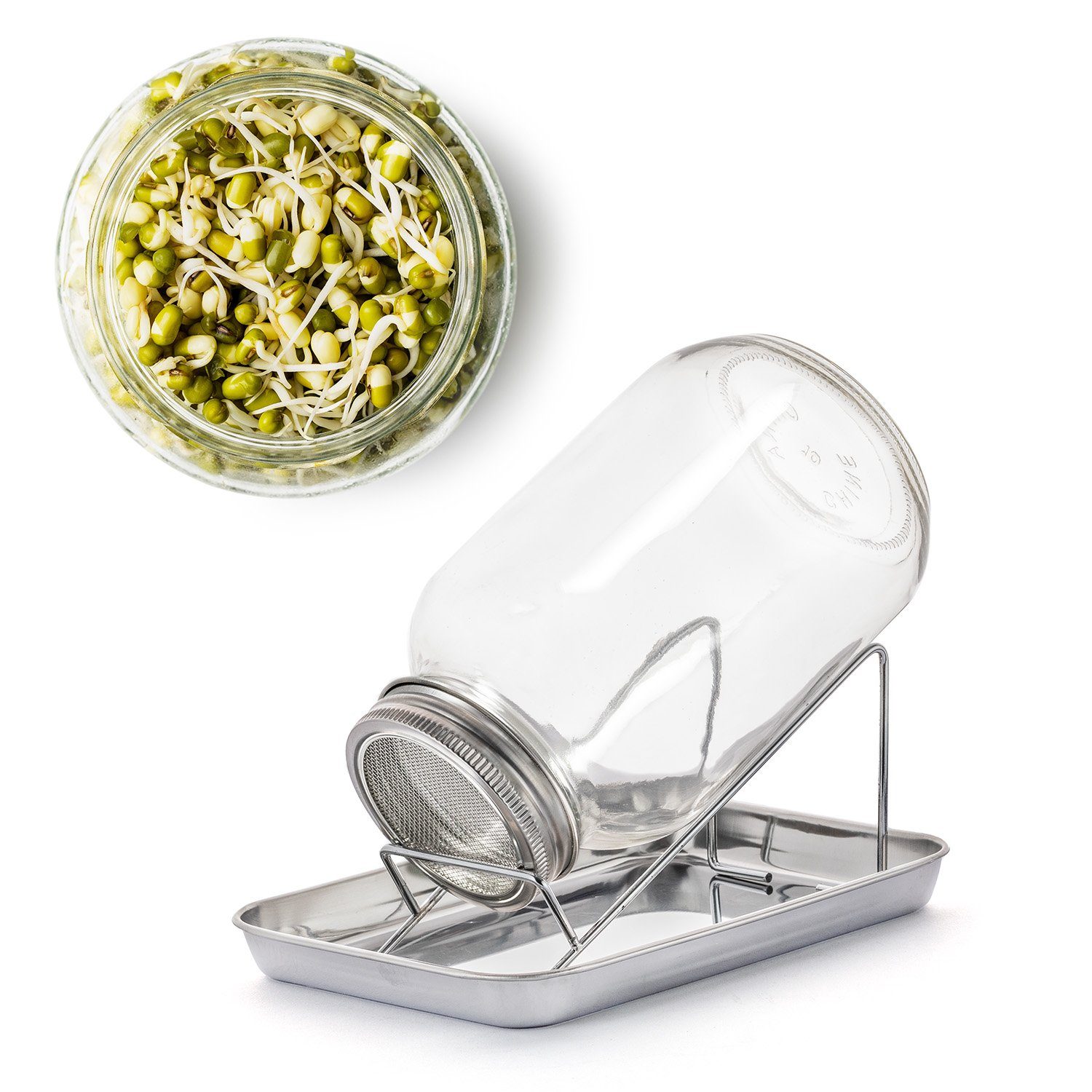 BigDean Anzuchttopf Sprossenglas Keimglas 1000ml mit Edelstahl-Gitterdeckel + Ständer (Set, Sprossengläser), Sprossenglas, Leichte Anwendung, Gesunde Ernährung, Einfache Reinigung