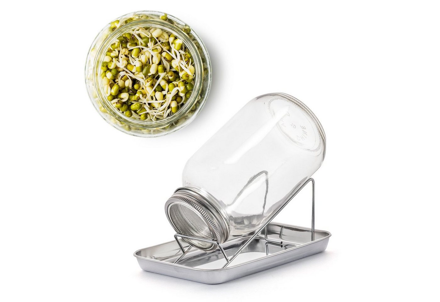 BigDean Anzuchttopf Sprossenglas Keimglas 1000ml mit Edelstahl-Gitterdeckel + Ständer (Set, 1 St., Sprossengläser), Sprossenglas, Leichte Anwendung, Gesunde Ernährung, Einfache Reinigung