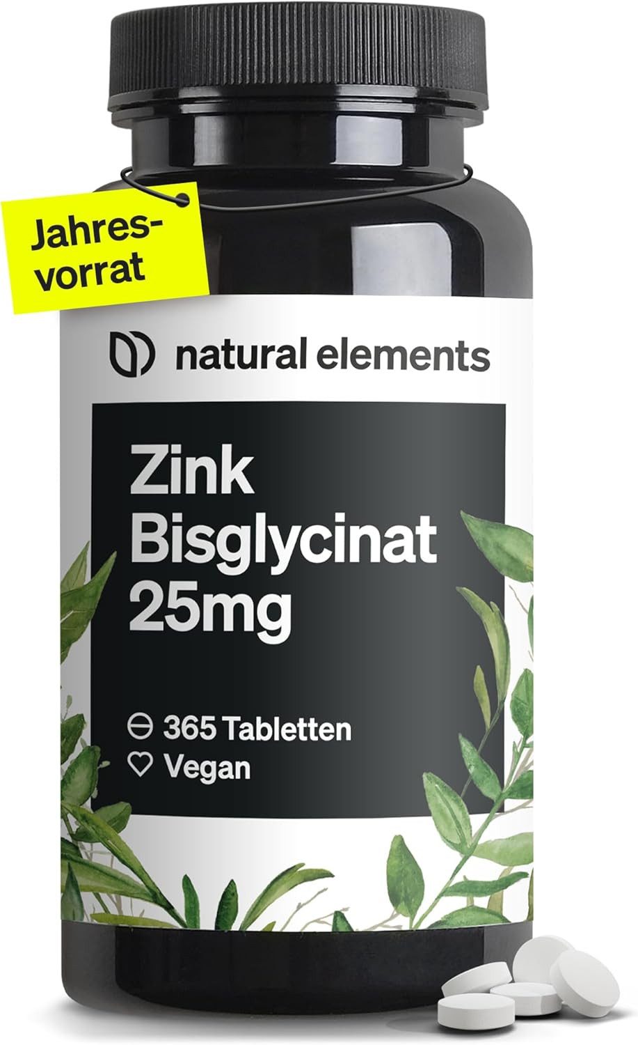 natural elements Zink 25mg – 365 Tabletten Tabletten, 1 er in Deutschland produziert & laborgeprüft à 365 St., 91 g, Hochdosiertes Zinkbisglycinat für dein tägliches Wohlbefinden