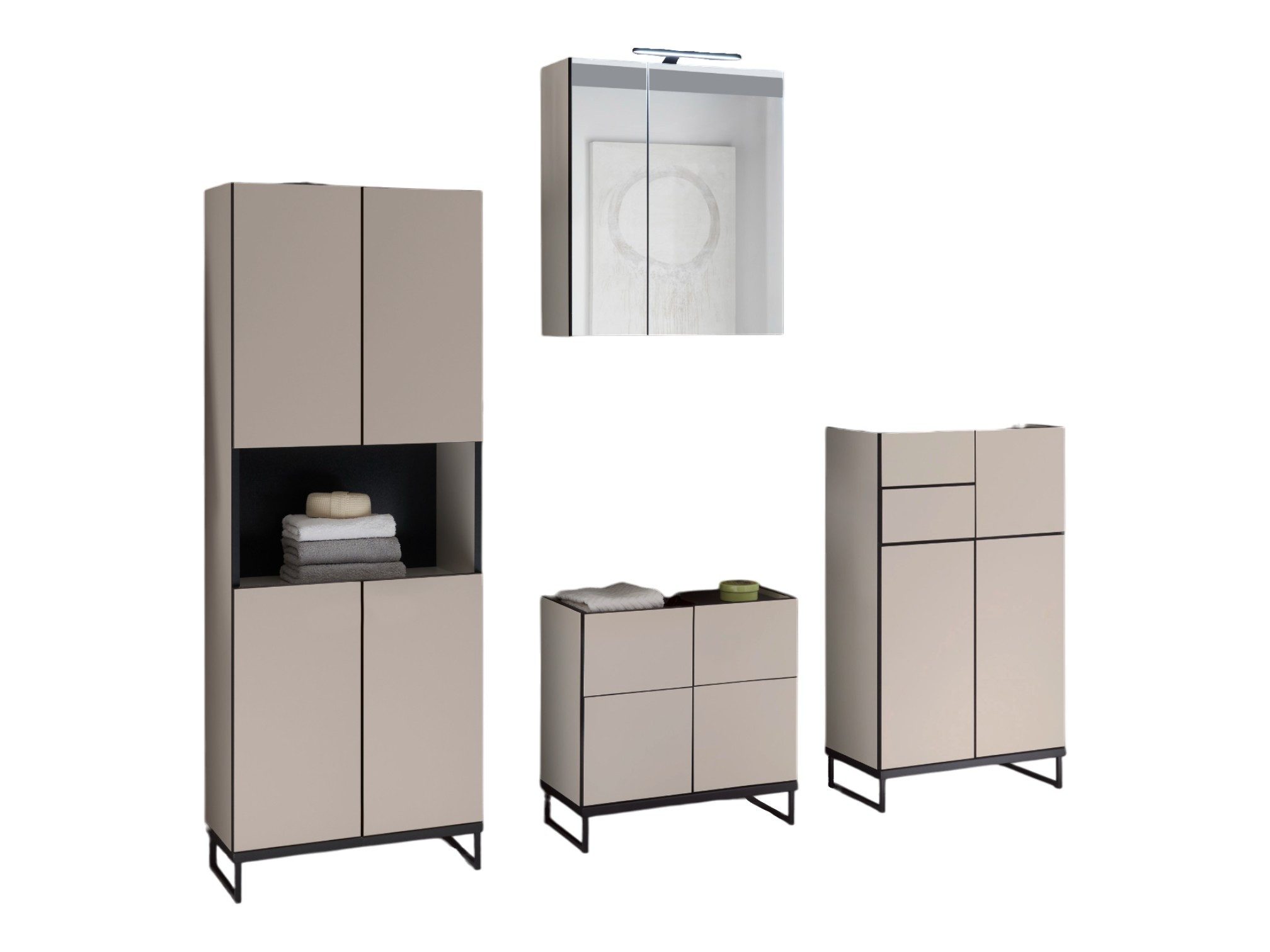 moebel-dich-auf Badmöbel-Set VENEZIA, (inklusive LED-Beleuchtung, kaschmir Spiegelschrank WBU optional mit Hoch-/Highboard), Metall Füße