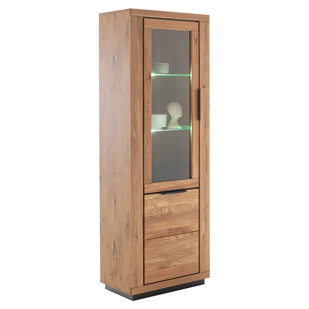 Lomadox Vitrine GIUSTINO-06 Eiche teilmassiv geölt, Massivholzfronten, LED-Beleuchtung