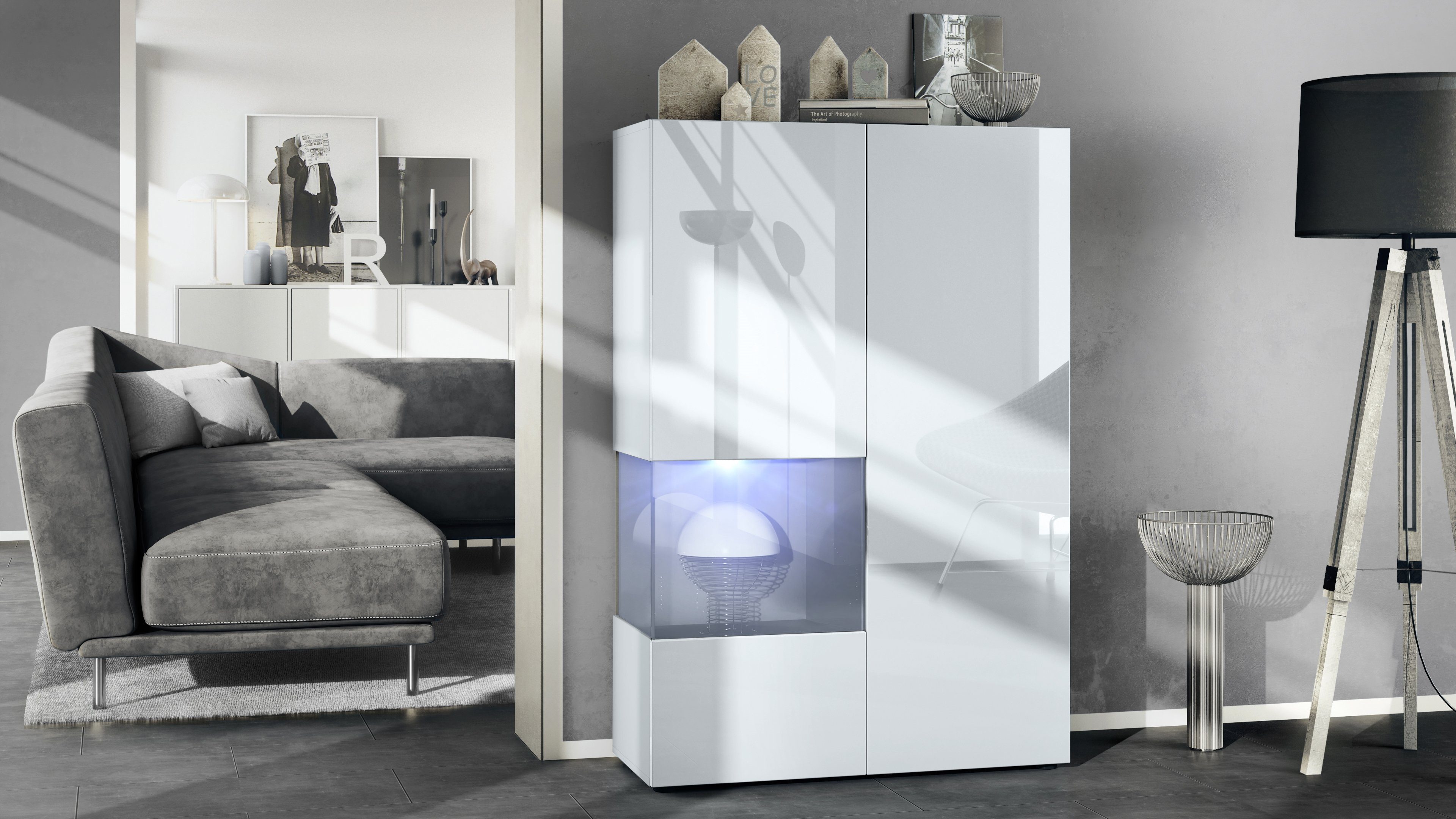Vladon Standvitrine Morena V2 (Standvitrine, mit 2 Türen und Glaseinsatz inkl. LED-Beleuchtung) Weiß matt/Weiß Hochglanz/Grau Hochglanz (91,5 x 136,5 x 37 cm)