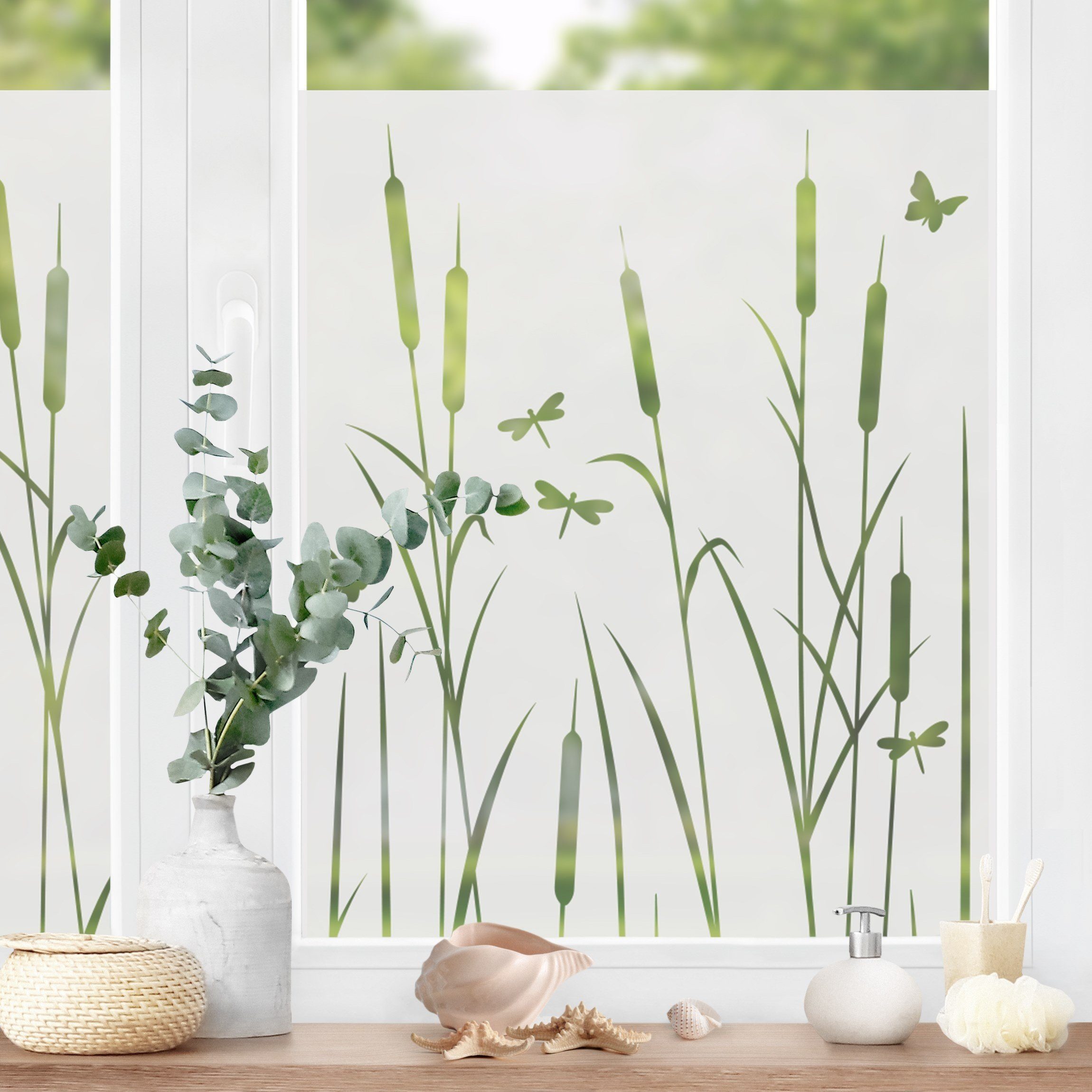 Bilderdepot24 Fensterfolie statisch haftend Motiv Fensterdeko Schilf Libellen Schmetterlingen, blickdicht, Innen Fenster Tür Balkontür Küche Badezimmer Wohnzimmer Schlafzimmer