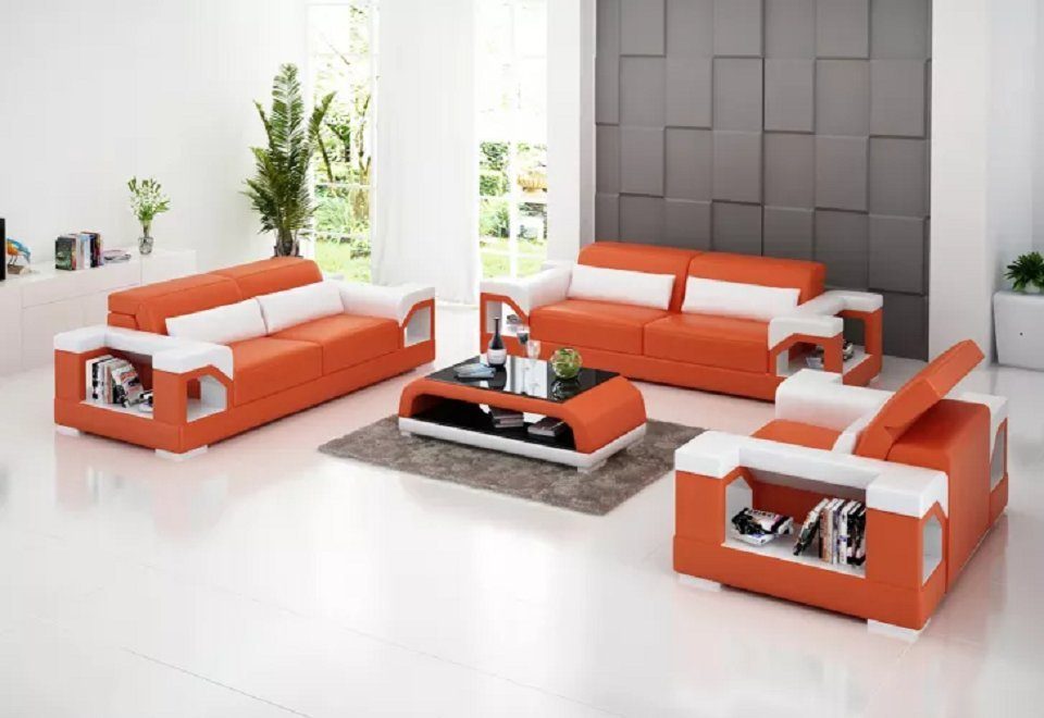 JVmoebel Sofa Couch 321 Sitzer Couchtisch Ledersofa Modernes Sofa Wohnlandschaft, Made in Europe Orange/Weiß