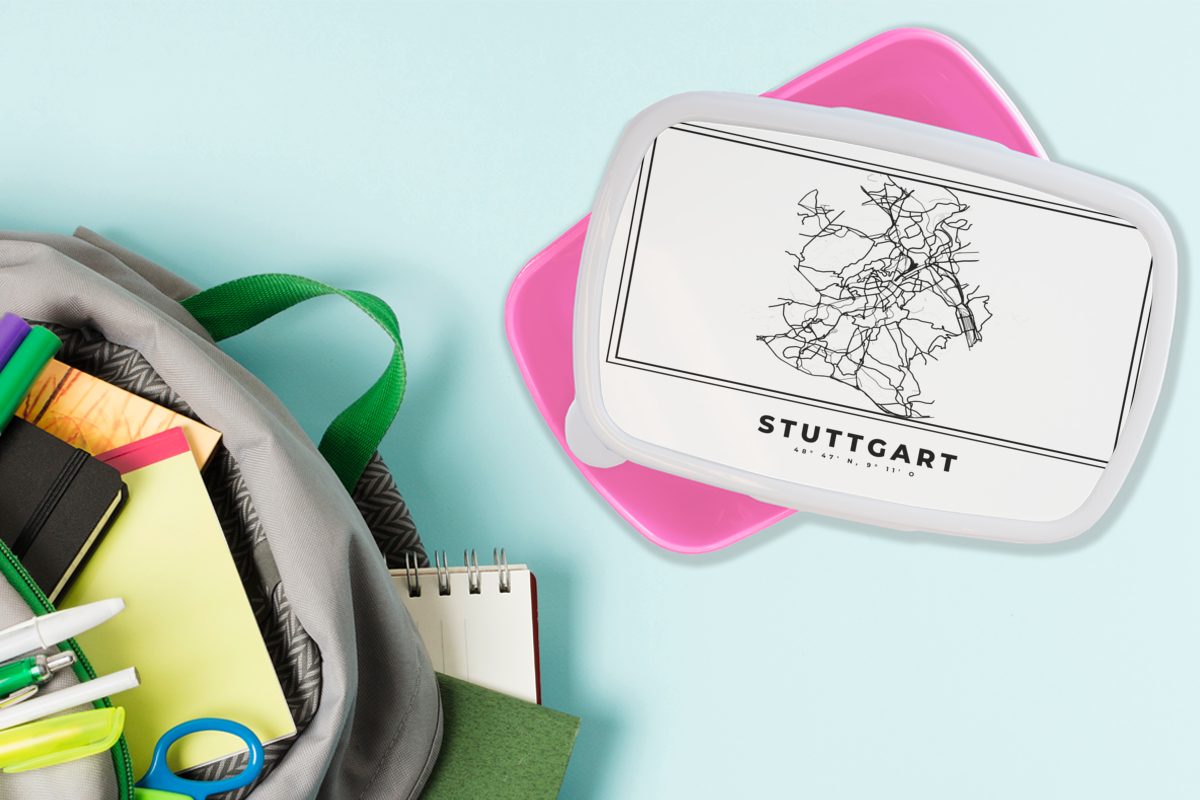 Mädchen, Stadtplan Karte, Deutschland Brotdose Schwarz Brotbox - Kinder, (2-tlg), MuchoWow Stuttgart und Lunchbox - Snackbox, rosa weiß Erwachsene, Kunststoff Kunststoff, - für -
