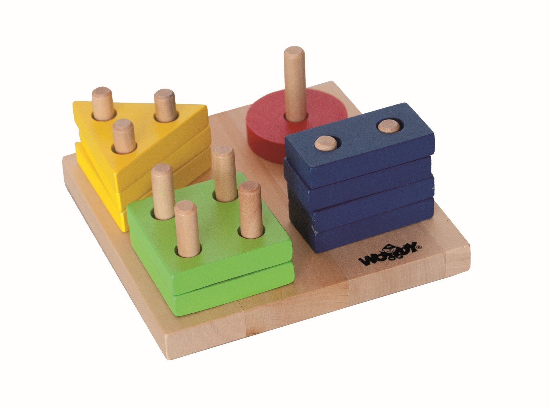 Woodyland Lernspielzeug 90264 Holz Steck- Sortierspiel, 16 Holzbausteine, div. Formen + Farben