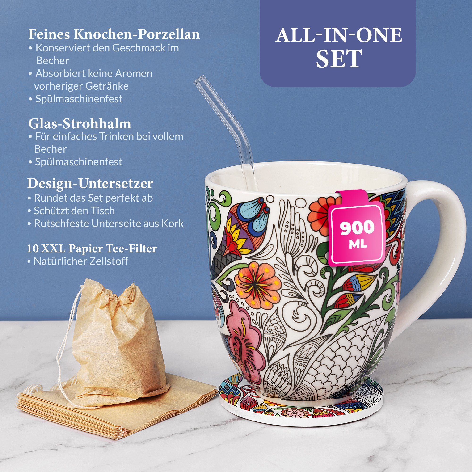 Große mit Teetasse, Fassungsvermögen Blüten 900ml hochwertiges XXL Teeset Jumbotasse Yang Chai mit Porzellan, 4-teiliges Tasse Ornament (Nature),