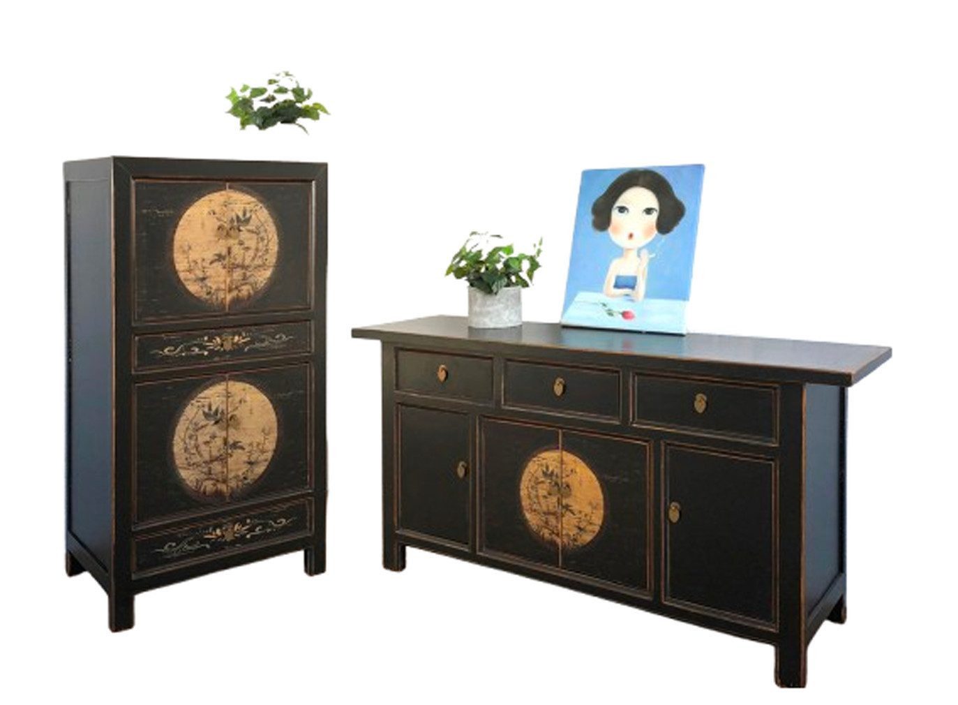 OPIUM OUTLET Wohnzimmer-Set Vintage Möbel-Kombination mit Hochzeitsschrank und Kommode "LesNoirs", (2-er Set, komplett montiert, Asia Sideboard und Schrank), Schrank Kommode Sideboard asiatisch chinesisch orientalisch schwarz